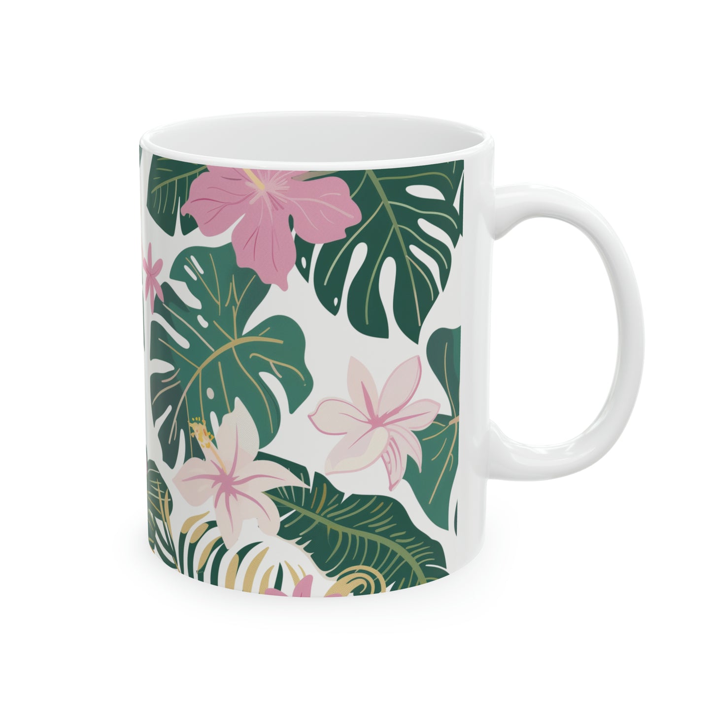Pink Tropical Hibiscus Pattern Hawaiian Ceramic Mug 11oz, Hawaii Mug, HI Mug, Aloha Mug, 808 Mug, Island Mug, Tropical Mug, Coffee Mug