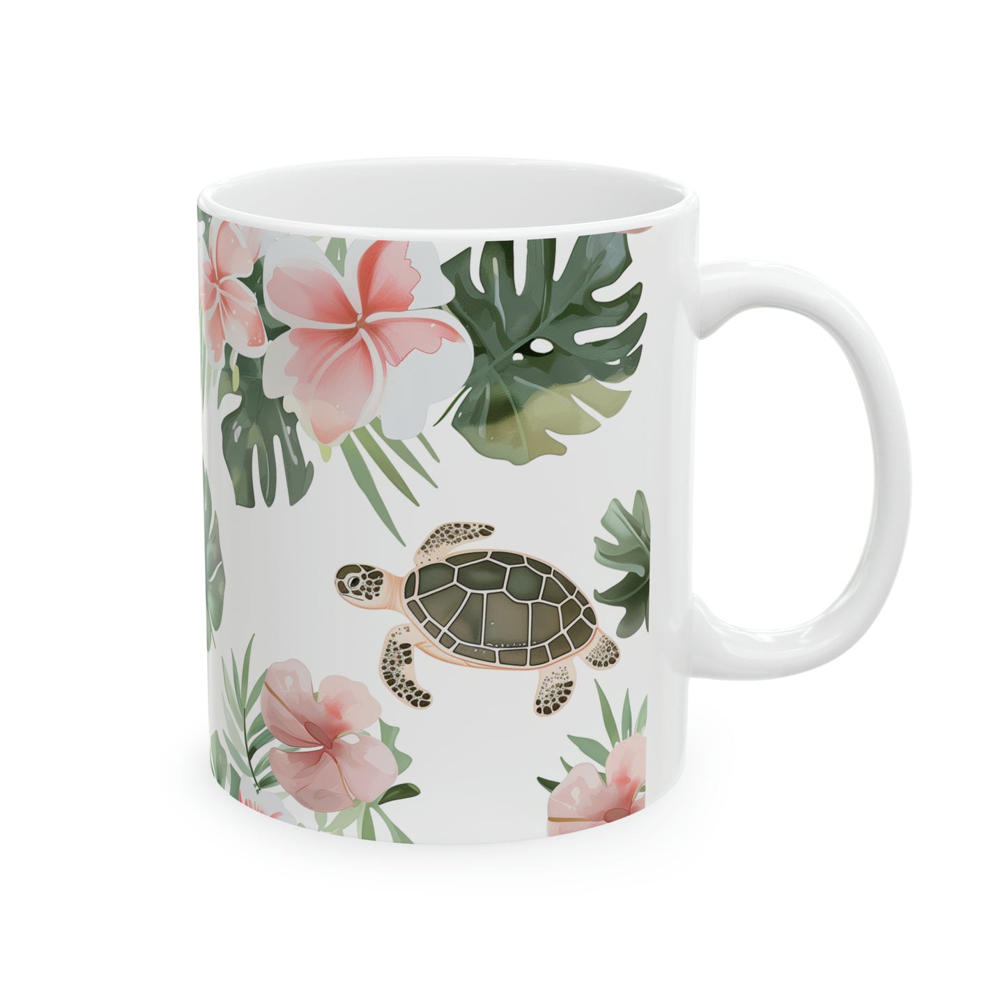 Turtles Honu Plumeria Green Leaves Hawaiian Ceramic Mug 11oz, Hawaii Mug, HI Mug, Aloha Mug, 808 Mug, Island Mug, Tropical Mug, Coffee Mug