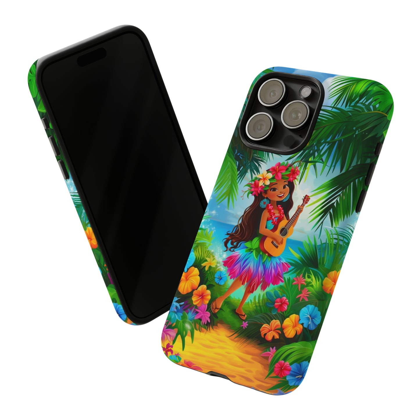 Hula Girl Ukulele Hawaiian Phone Case, Tropical, Hibiscus, Wireless Compatible, Protective Cell Phone Case for iPhone, Samsung, Pixel phones