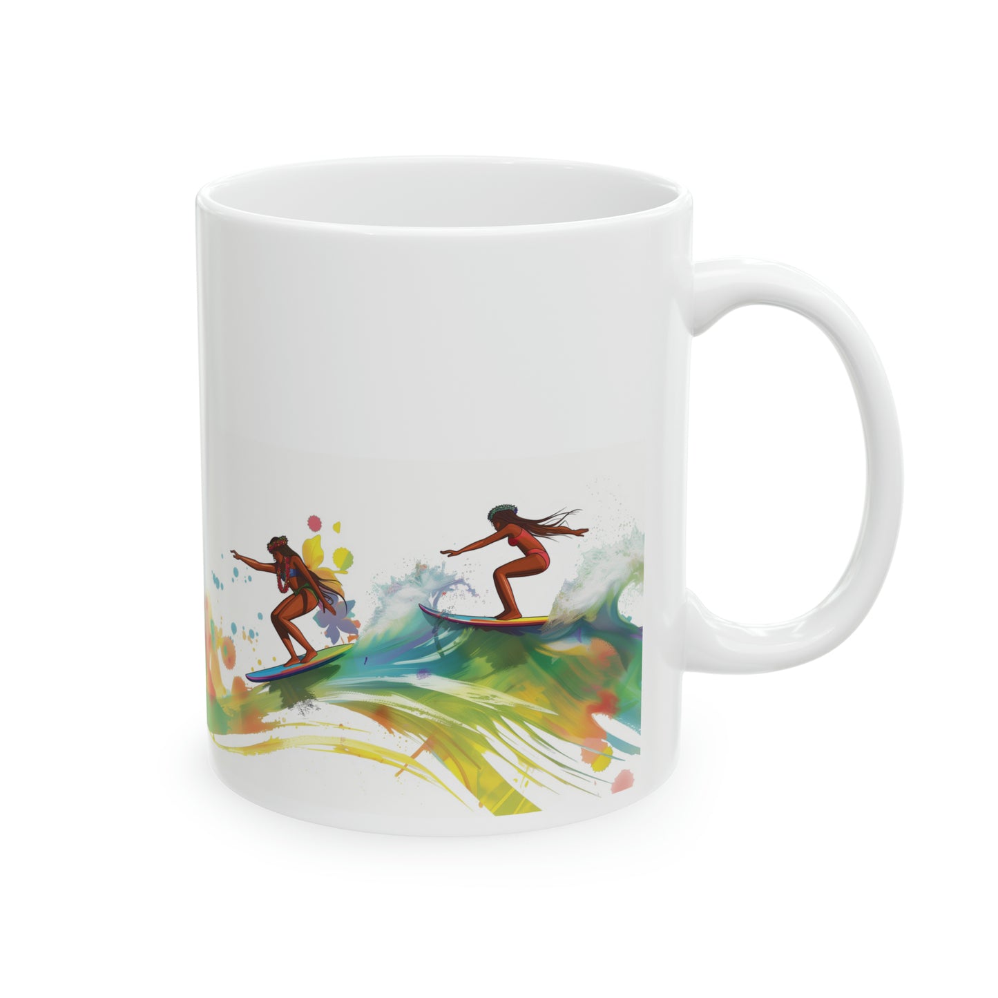 Rainbow Surfer Girls Colorful Hawaiian Ceramic Mug 11oz, Hawaii Mug, HI Mug, Aloha Mug, 808 Mug, Island Mug, Tropical Mug, Coffee Mug