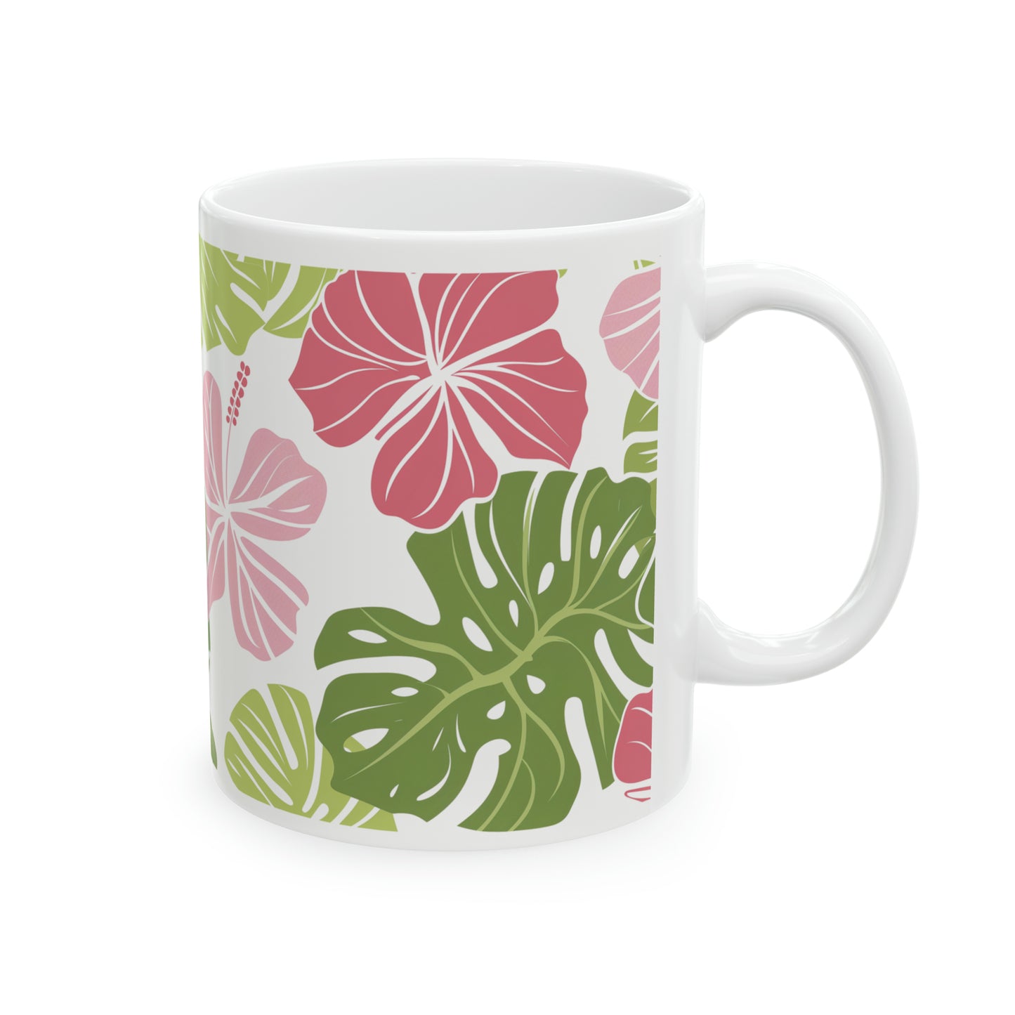 Hibiscus Pink Green Pattern Hawaiian Ceramic Mug 11oz, Hawaii Mug, HI Mug, Aloha Mug, 808 Mug, Island Mug, Tropical Mug, Coffee Mug