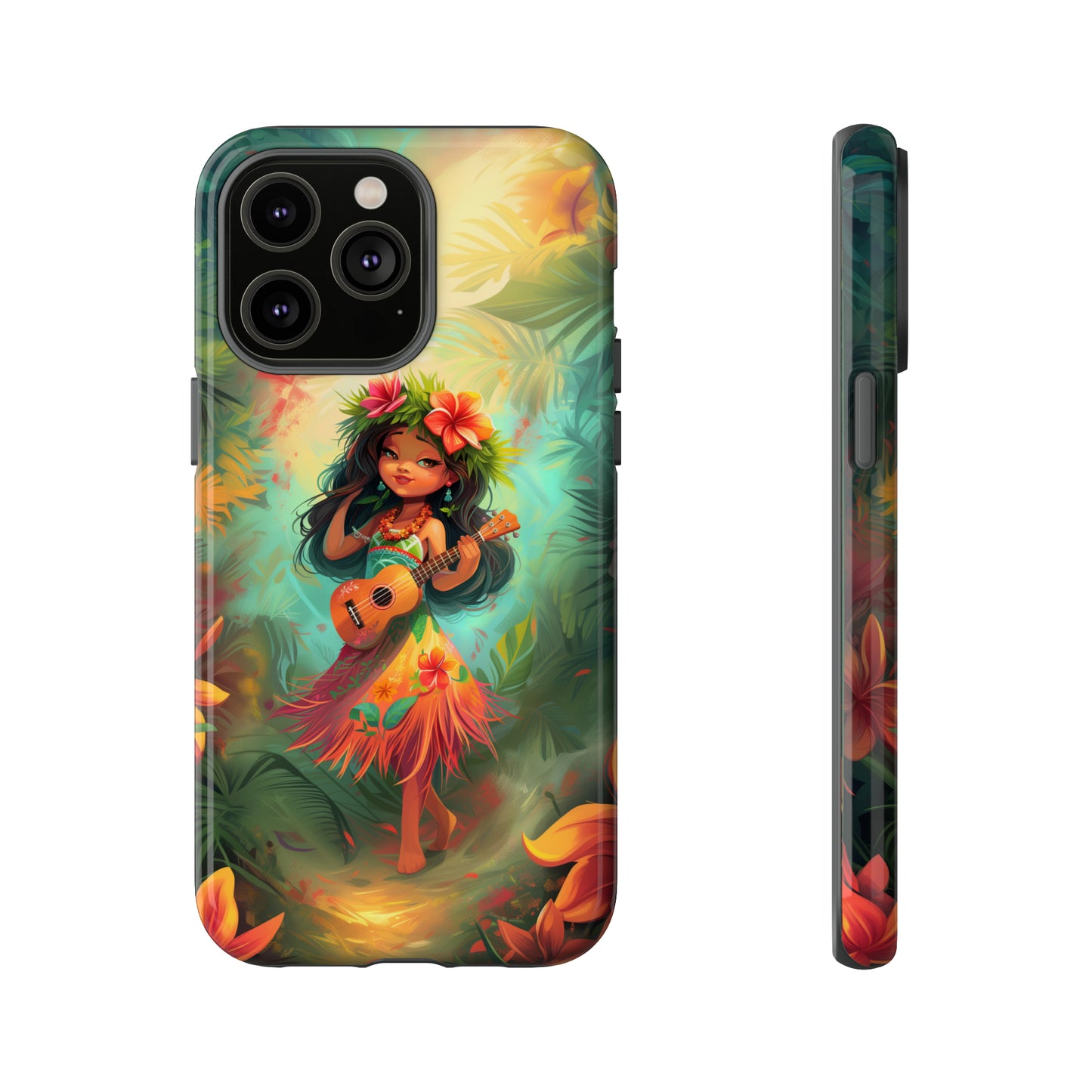 Cute Hula Girl Ukulele Hawaiian Phone Case, Tropical, Hibiscus, Wireless Compatible, Protective Cell Phone Case for iPhone, Samsung, Pixel