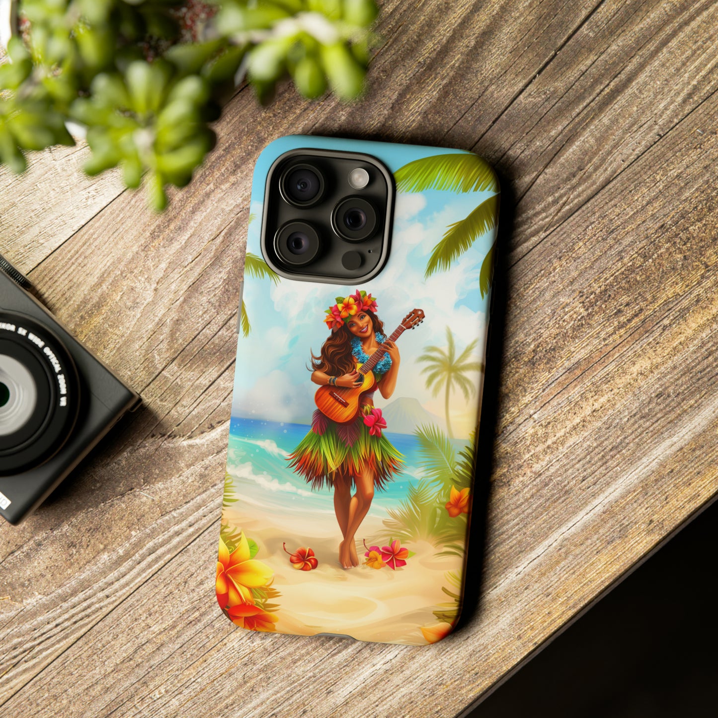 Hula Girl Guitar Hawaiian Phone Case, Tropical, Hibiscus, Wireless Compatible, Protective Cell Phone Case for iPhone, Samsung, Pixel phones