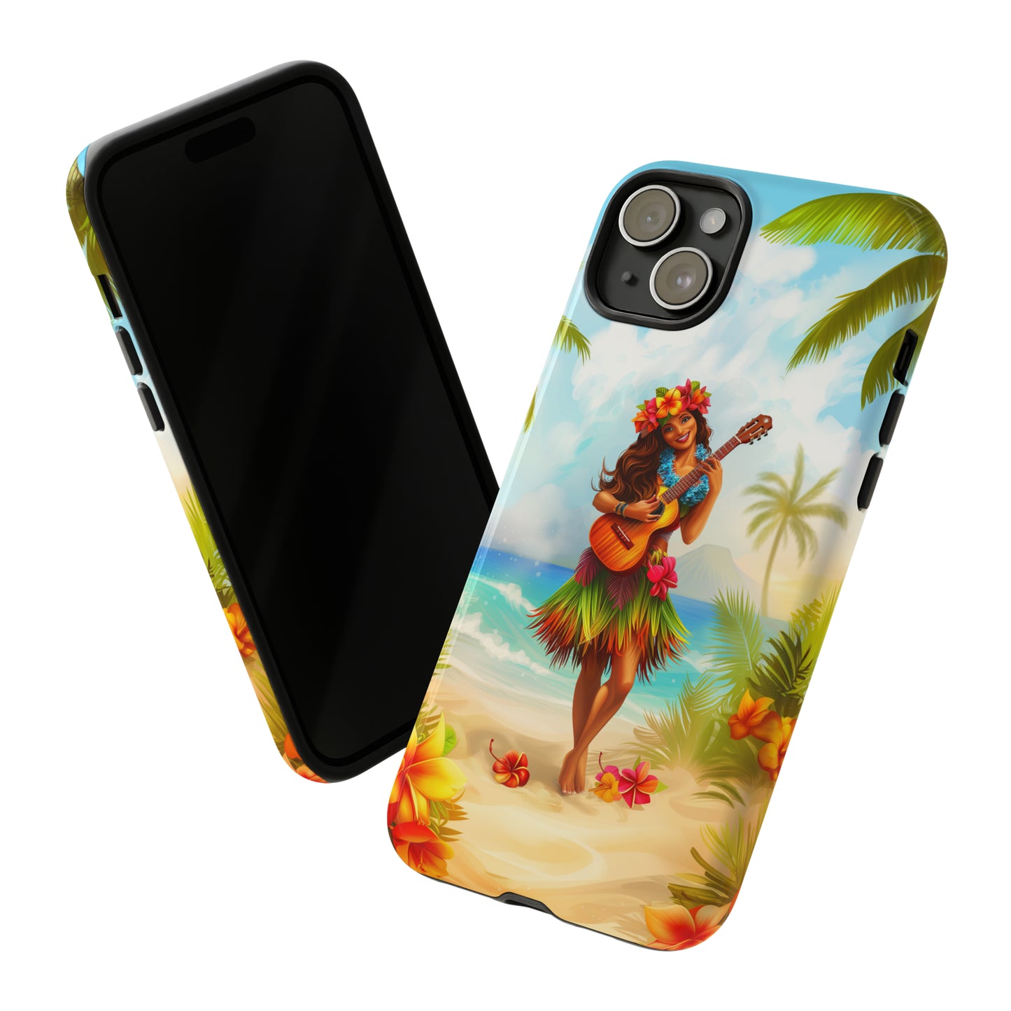 Hula Girl Guitar Hawaiian Phone Case, Tropical, Hibiscus, Wireless Compatible, Protective Cell Phone Case for iPhone, Samsung, Pixel phones