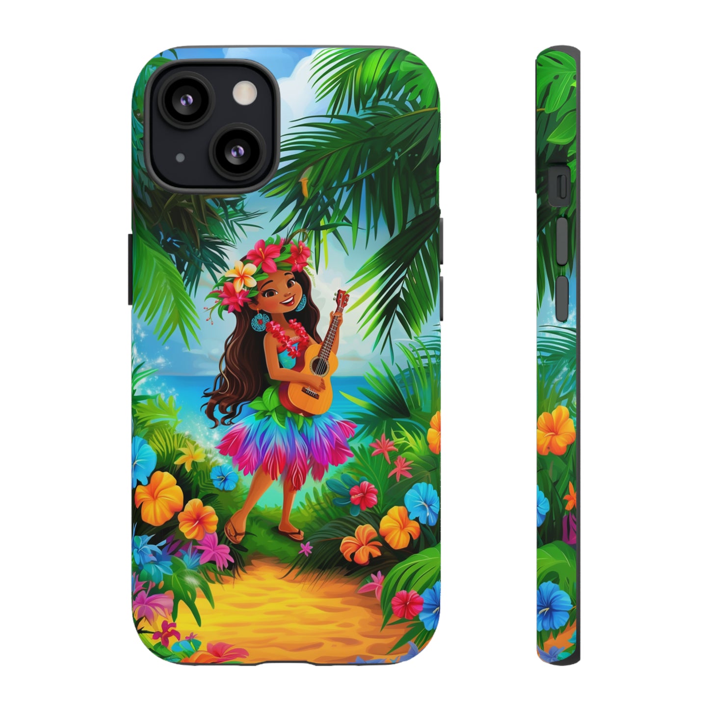 Hula Girl Ukulele Hawaiian Phone Case, Tropical, Hibiscus, Wireless Compatible, Protective Cell Phone Case for iPhone, Samsung, Pixel phones
