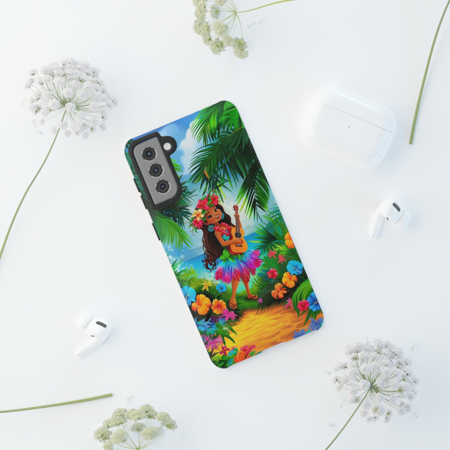 Hula Girl Ukulele Hawaiian Phone Case, Tropical, Hibiscus, Wireless Compatible, Protective Cell Phone Case for iPhone, Samsung, Pixel phones