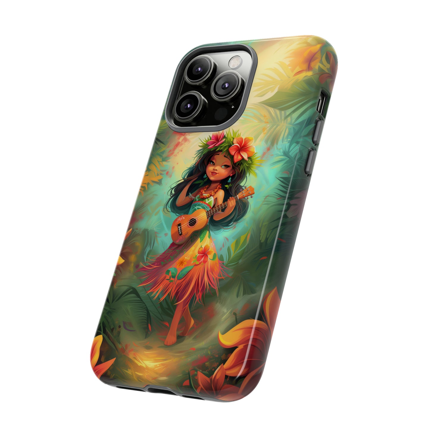 Cute Hula Girl Ukulele Hawaiian Phone Case, Tropical, Hibiscus, Wireless Compatible, Protective Cell Phone Case for iPhone, Samsung, Pixel
