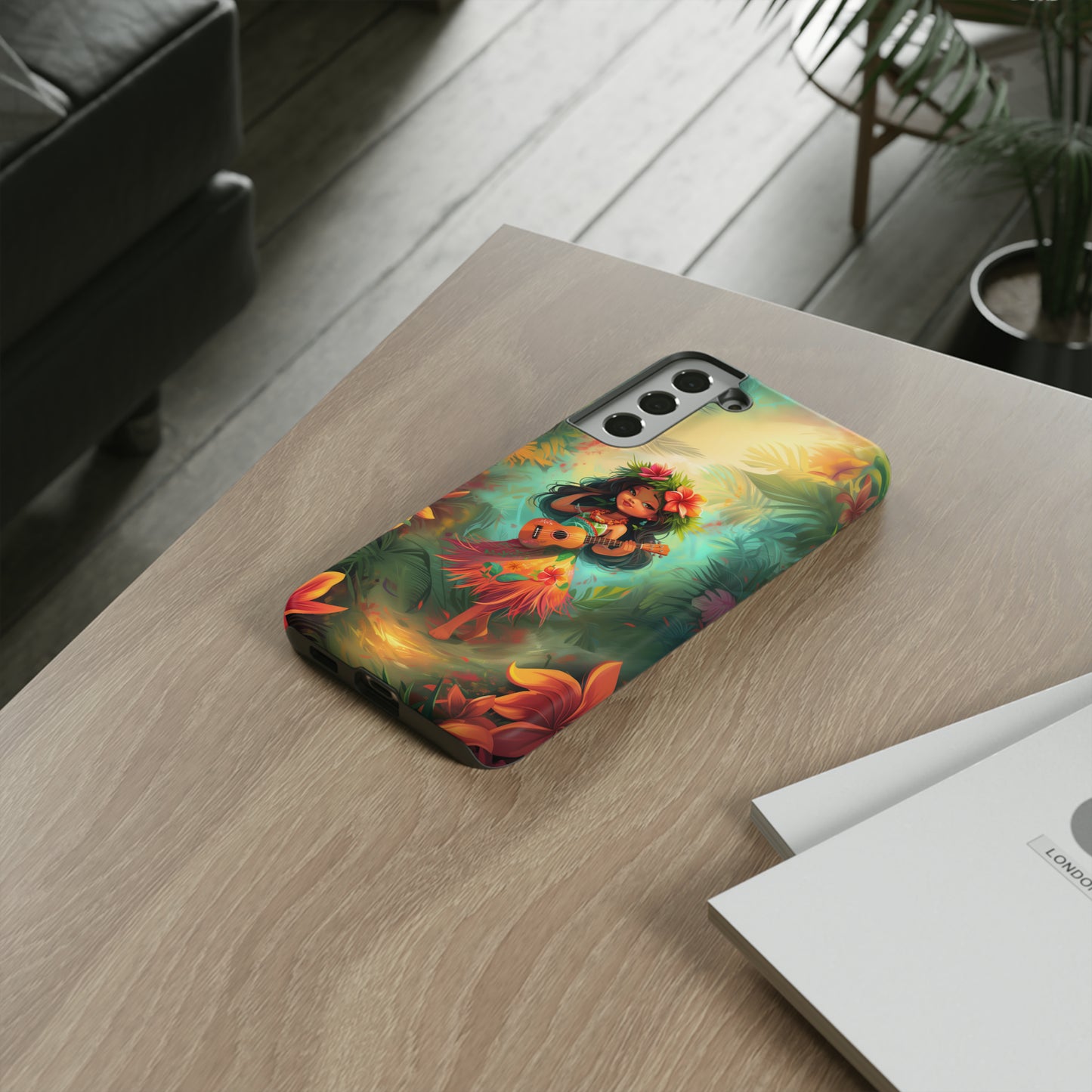 Cute Hula Girl Ukulele Hawaiian Phone Case, Tropical, Hibiscus, Wireless Compatible, Protective Cell Phone Case for iPhone, Samsung, Pixel