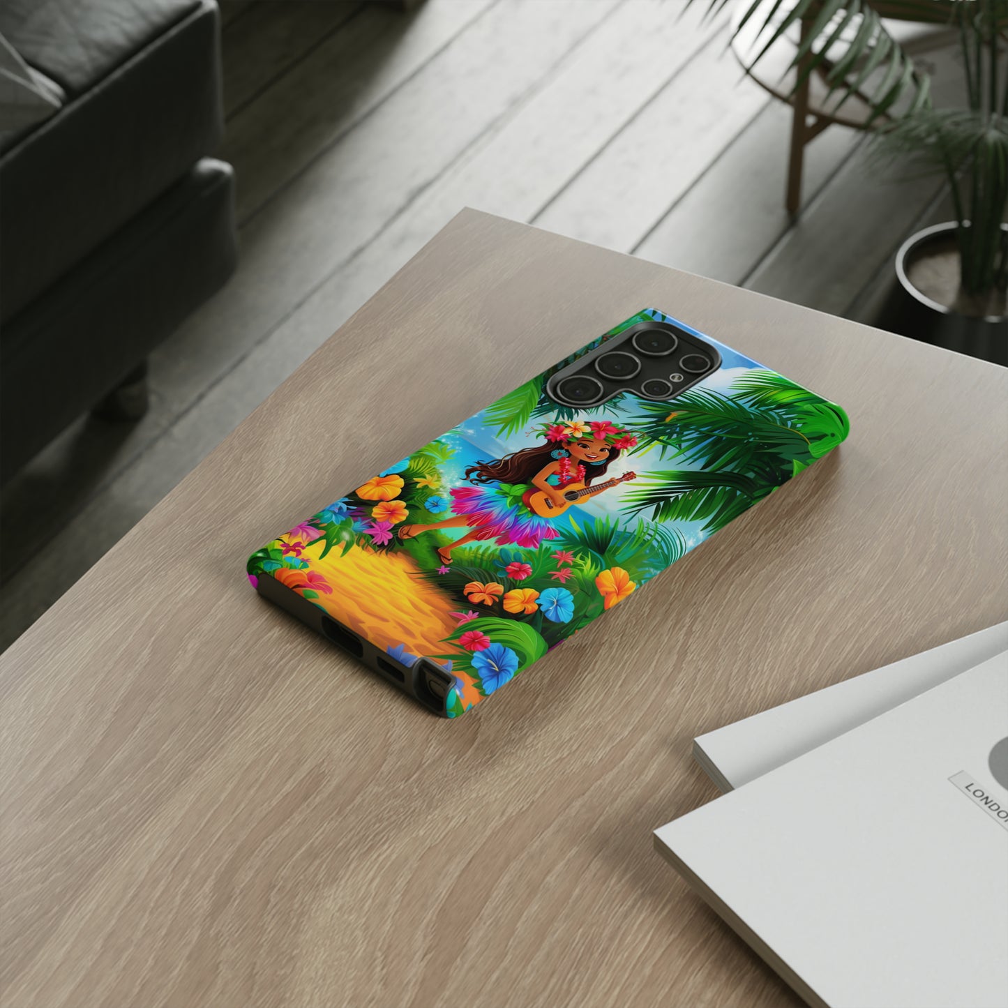 Hula Girl Ukulele Hawaiian Phone Case, Tropical, Hibiscus, Wireless Compatible, Protective Cell Phone Case for iPhone, Samsung, Pixel phones
