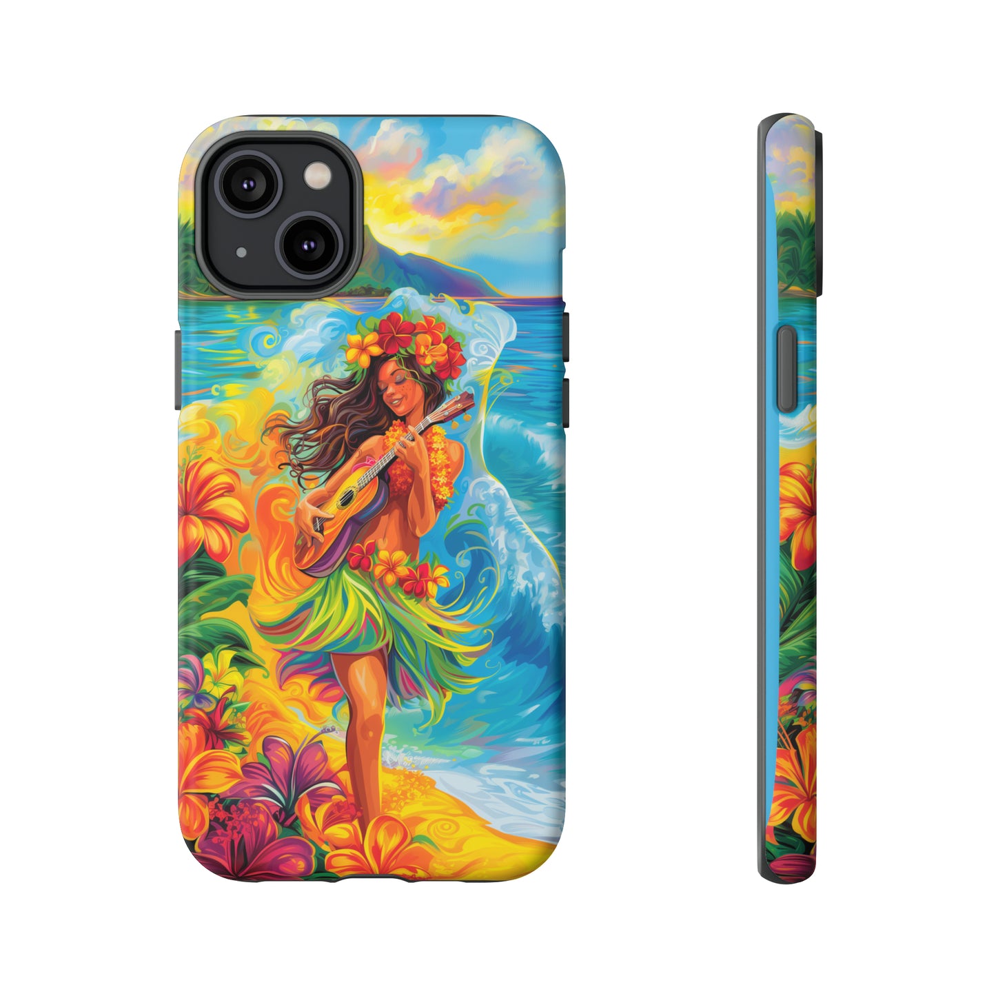 Ukulele Hula Girl Hawaiian Phone Case, Tropical, Hibiscus, Wireless Compatible, Protective Cell Phone Case for iPhone, Samsung, Pixel phones