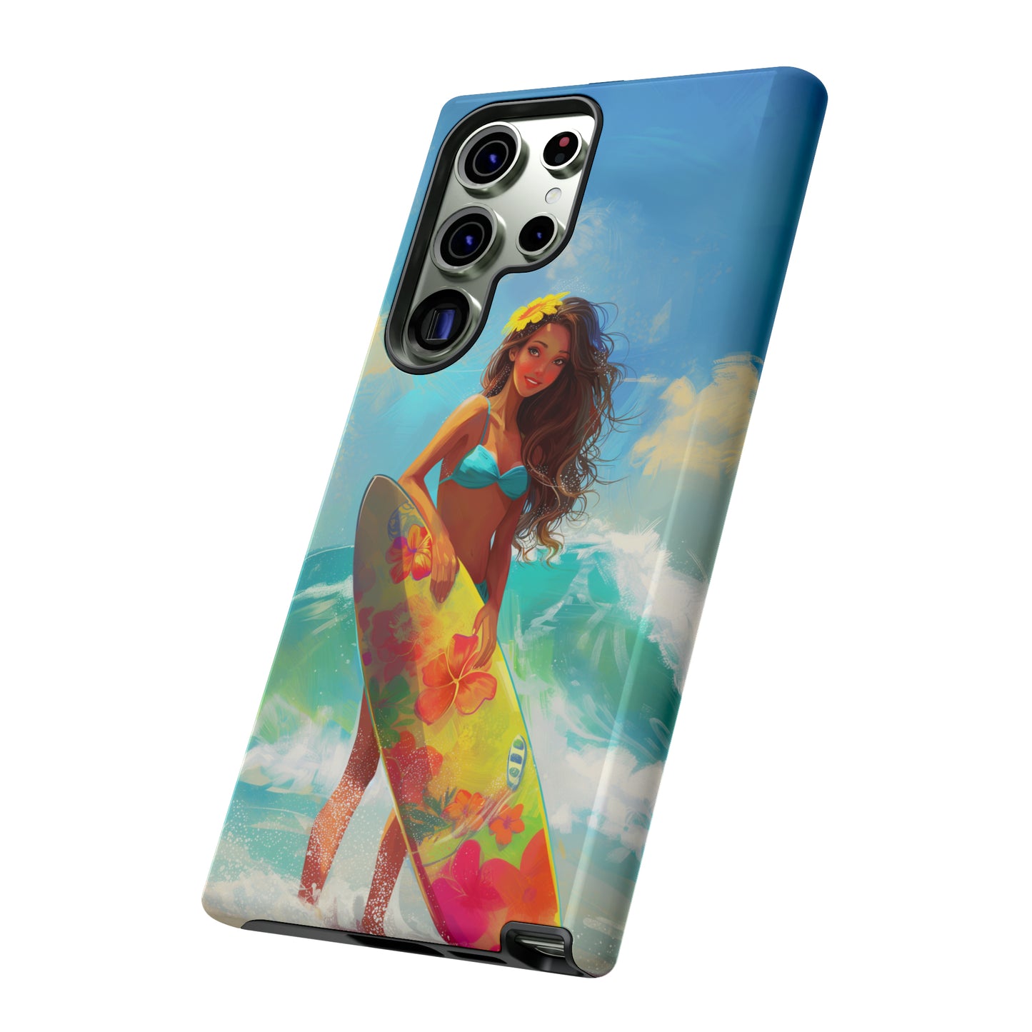 Surfer Girl Hawaiian Phone Case, Tropical, Hibiscus, Wireless Compatible, Protective Cell Phone Case for iPhone, Samsung, Pixel phones