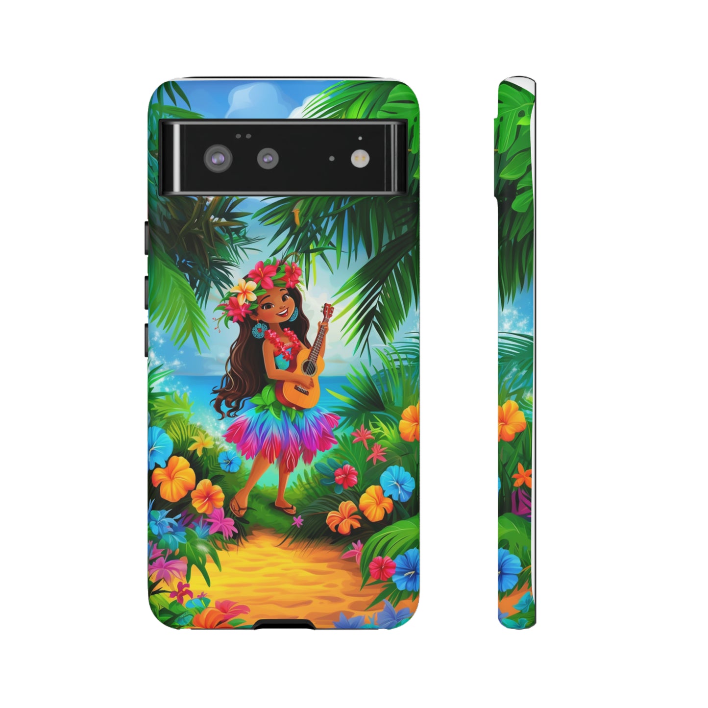 Hula Girl Ukulele Hawaiian Phone Case, Tropical, Hibiscus, Wireless Compatible, Protective Cell Phone Case for iPhone, Samsung, Pixel phones