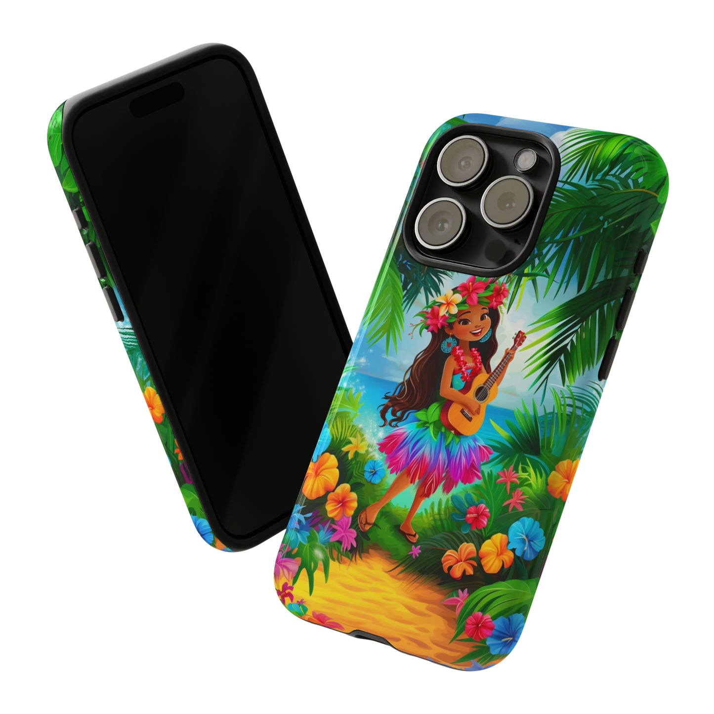 Hula Girl Ukulele Hawaiian Phone Case, Tropical, Hibiscus, Wireless Compatible, Protective Cell Phone Case for iPhone, Samsung, Pixel phones