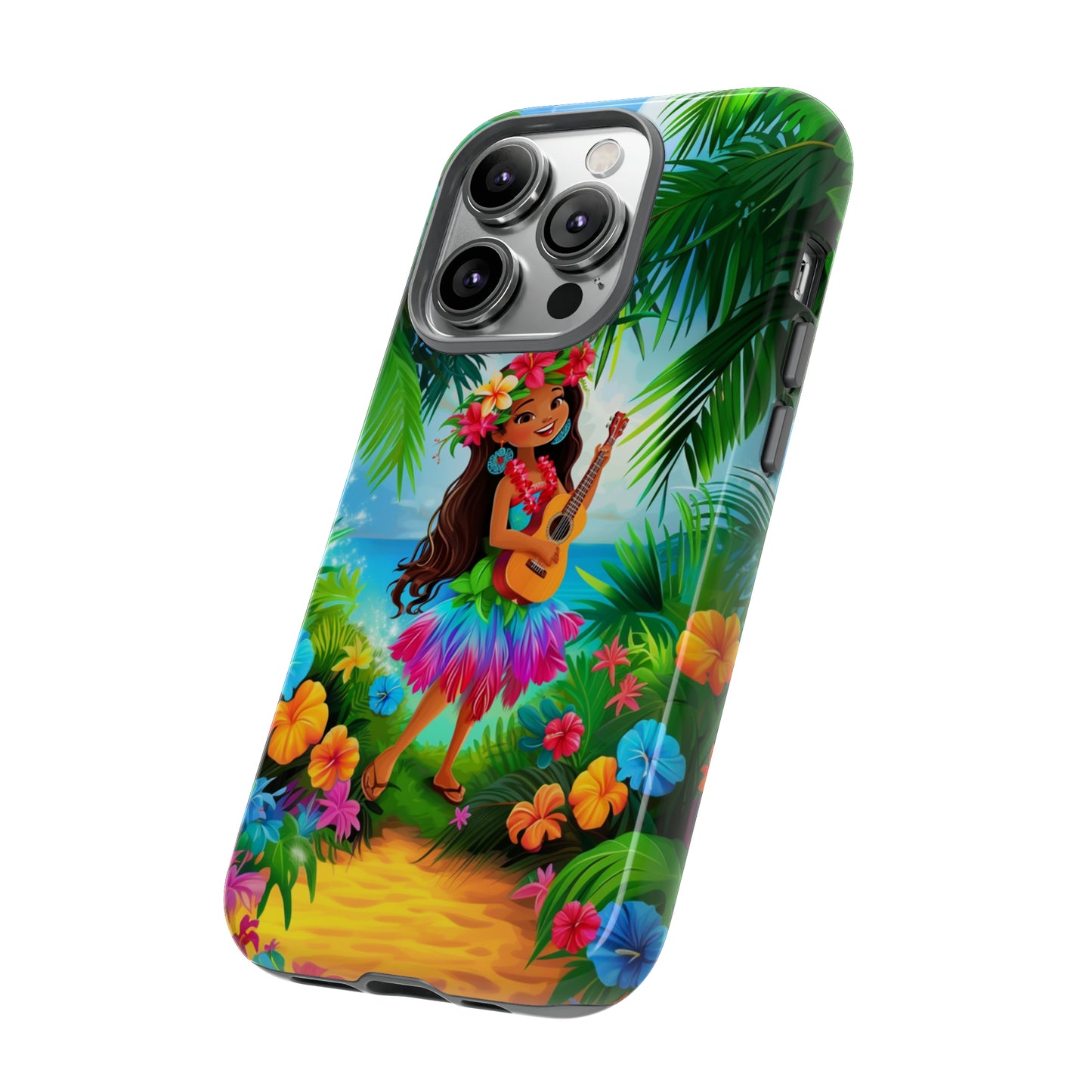 Hula Girl Ukulele Hawaiian Phone Case, Tropical, Hibiscus, Wireless Compatible, Protective Cell Phone Case for iPhone, Samsung, Pixel phones