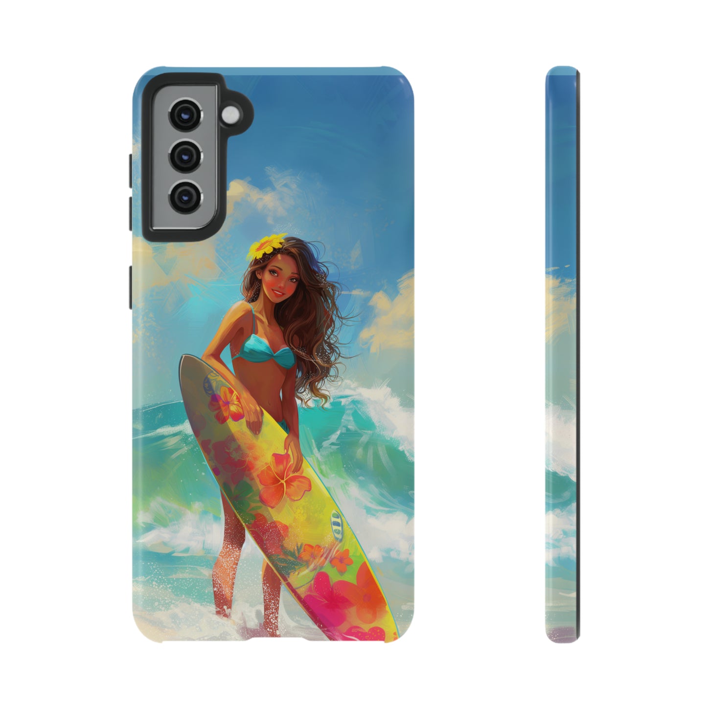 Surfer Girl Hawaiian Phone Case, Tropical, Hibiscus, Wireless Compatible, Protective Cell Phone Case for iPhone, Samsung, Pixel phones