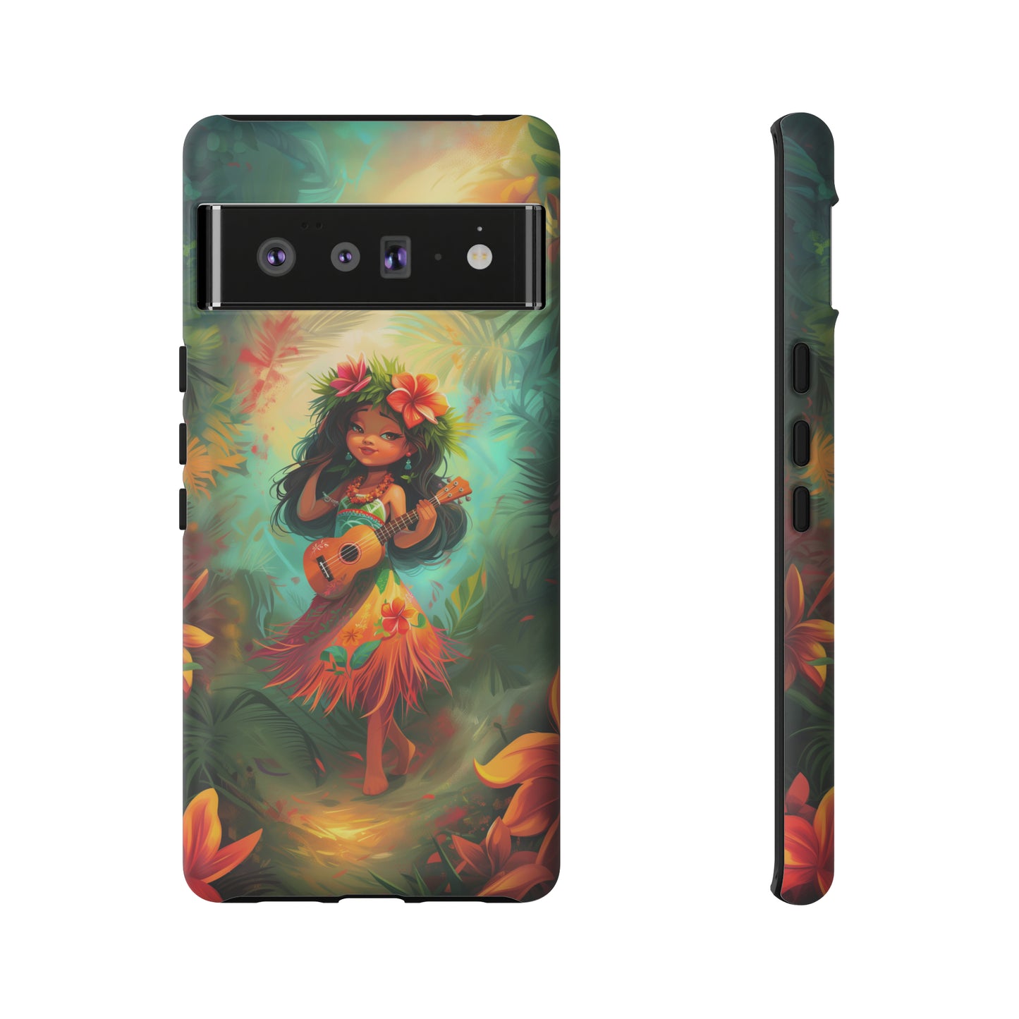 Cute Hula Girl Ukulele Hawaiian Phone Case, Tropical, Hibiscus, Wireless Compatible, Protective Cell Phone Case for iPhone, Samsung, Pixel