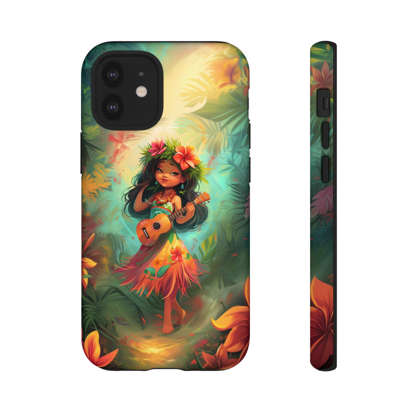 Cute Hula Girl Ukulele Hawaiian Phone Case, Tropical, Hibiscus, Wireless Compatible, Protective Cell Phone Case for iPhone, Samsung, Pixel