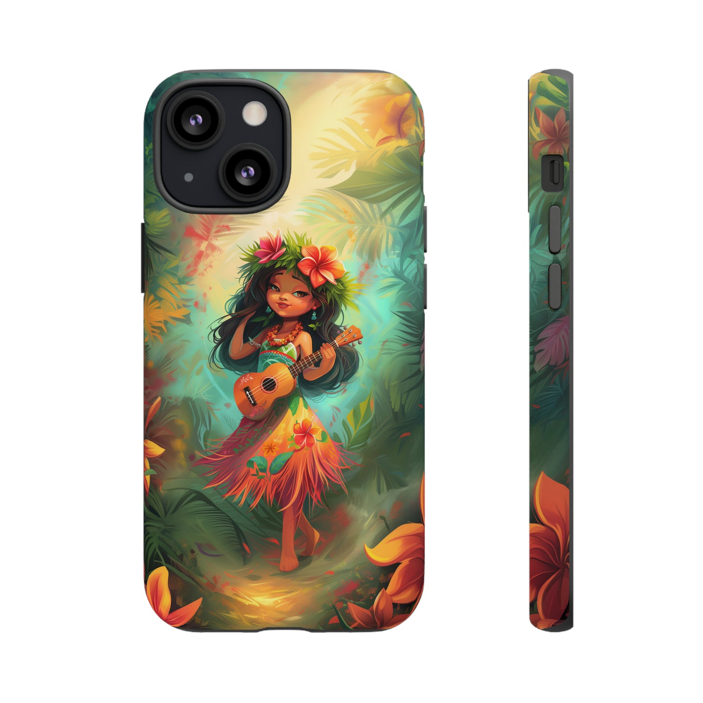 Cute Hula Girl Ukulele Hawaiian Phone Case, Tropical, Hibiscus, Wireless Compatible, Protective Cell Phone Case for iPhone, Samsung, Pixel