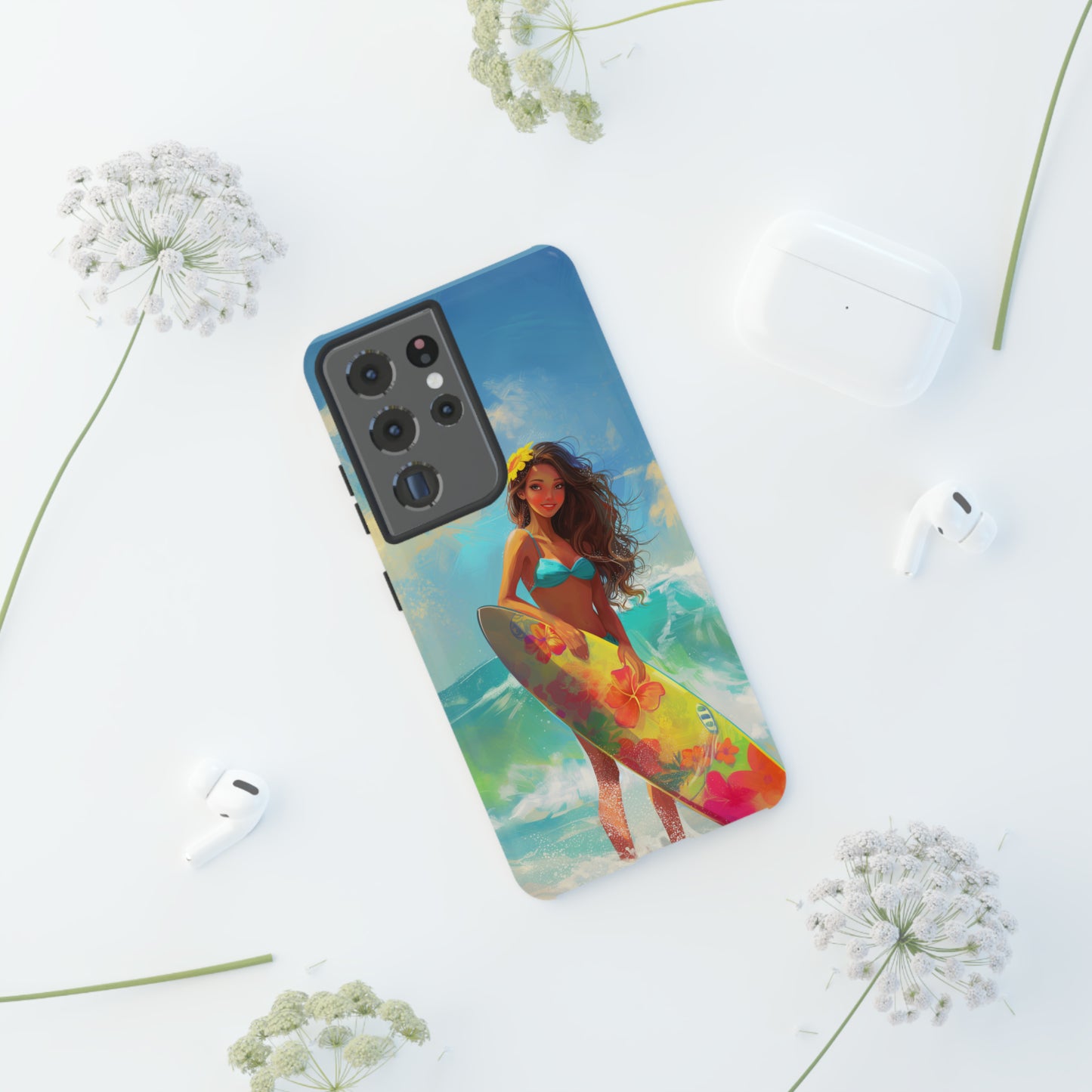 Surfer Girl Hawaiian Phone Case, Tropical, Hibiscus, Wireless Compatible, Protective Cell Phone Case for iPhone, Samsung, Pixel phones