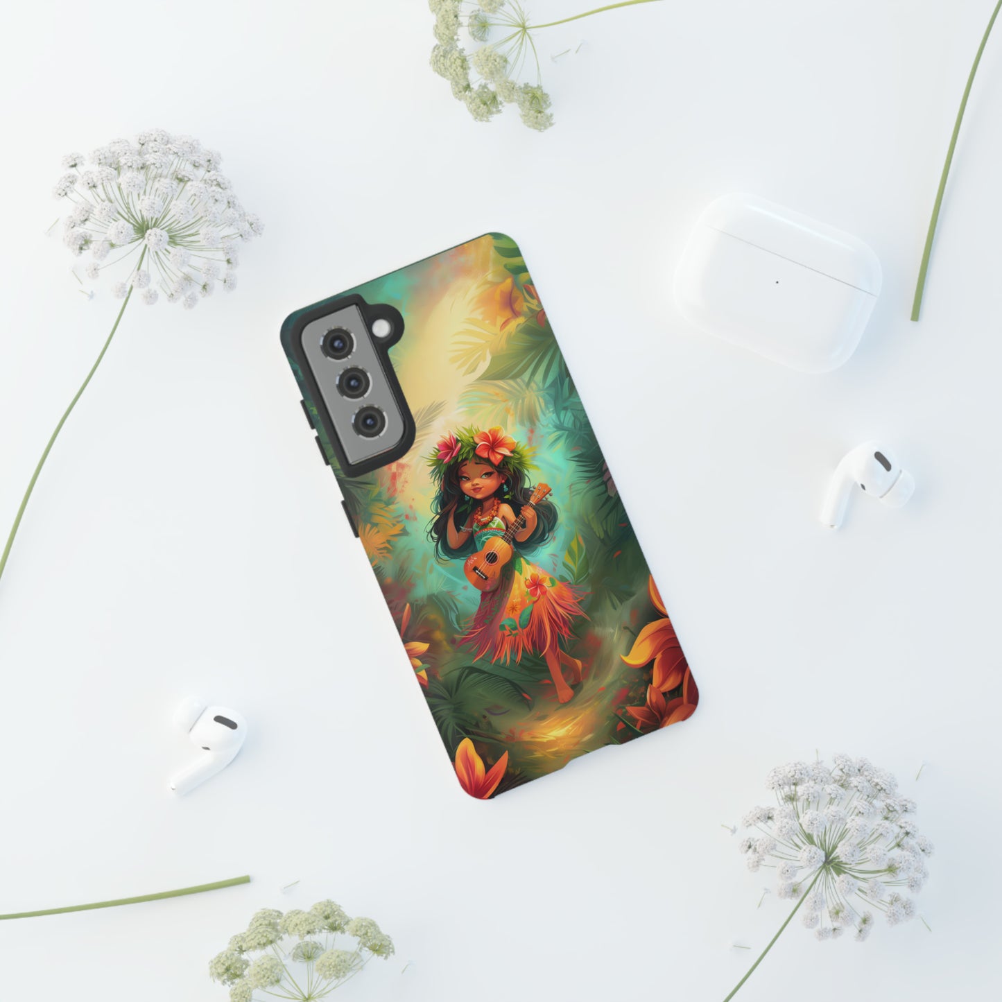 Cute Hula Girl Ukulele Hawaiian Phone Case, Tropical, Hibiscus, Wireless Compatible, Protective Cell Phone Case for iPhone, Samsung, Pixel