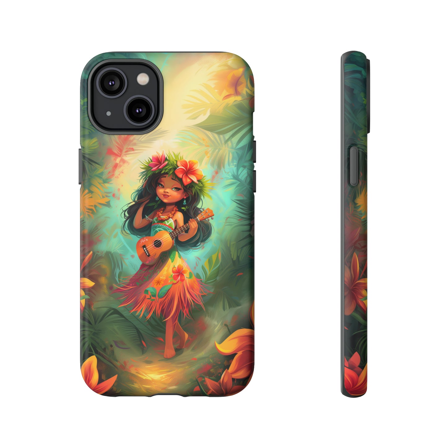 Cute Hula Girl Ukulele Hawaiian Phone Case, Tropical, Hibiscus, Wireless Compatible, Protective Cell Phone Case for iPhone, Samsung, Pixel