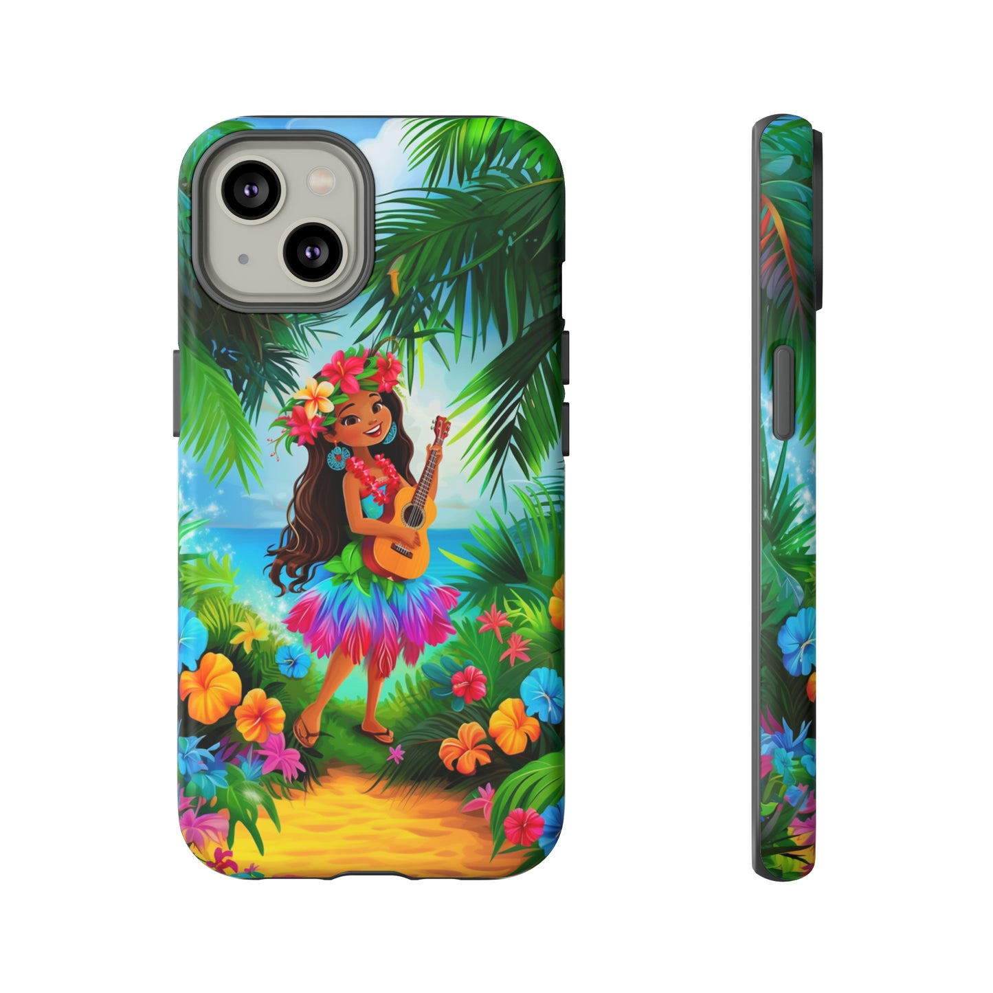 Hula Girl Ukulele Hawaiian Phone Case, Tropical, Hibiscus, Wireless Compatible, Protective Cell Phone Case for iPhone, Samsung, Pixel phones