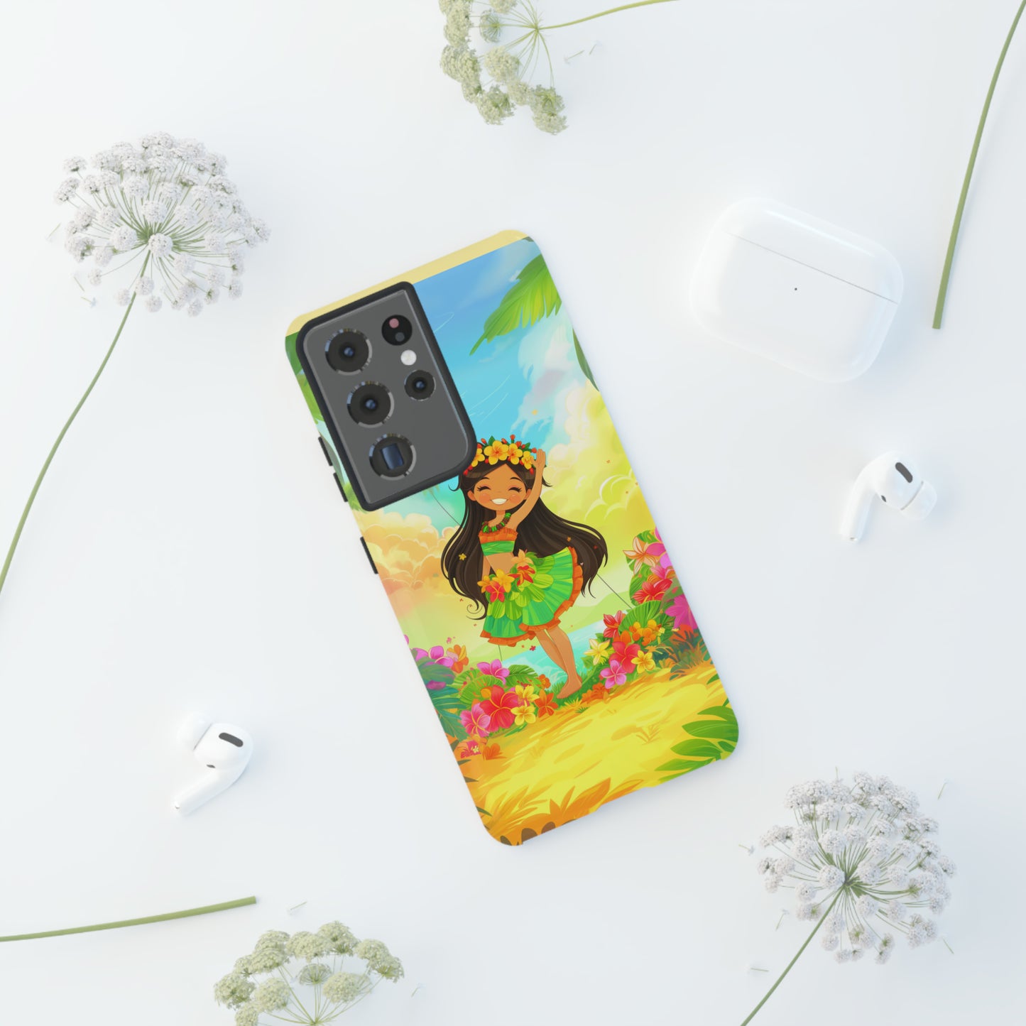 Cute Hula Girl Hawaiian Phone Case, Tropical, Hibiscus, Wireless Compatible, Protective Cell Phone Case for iPhone, Samsung, Pixel phones