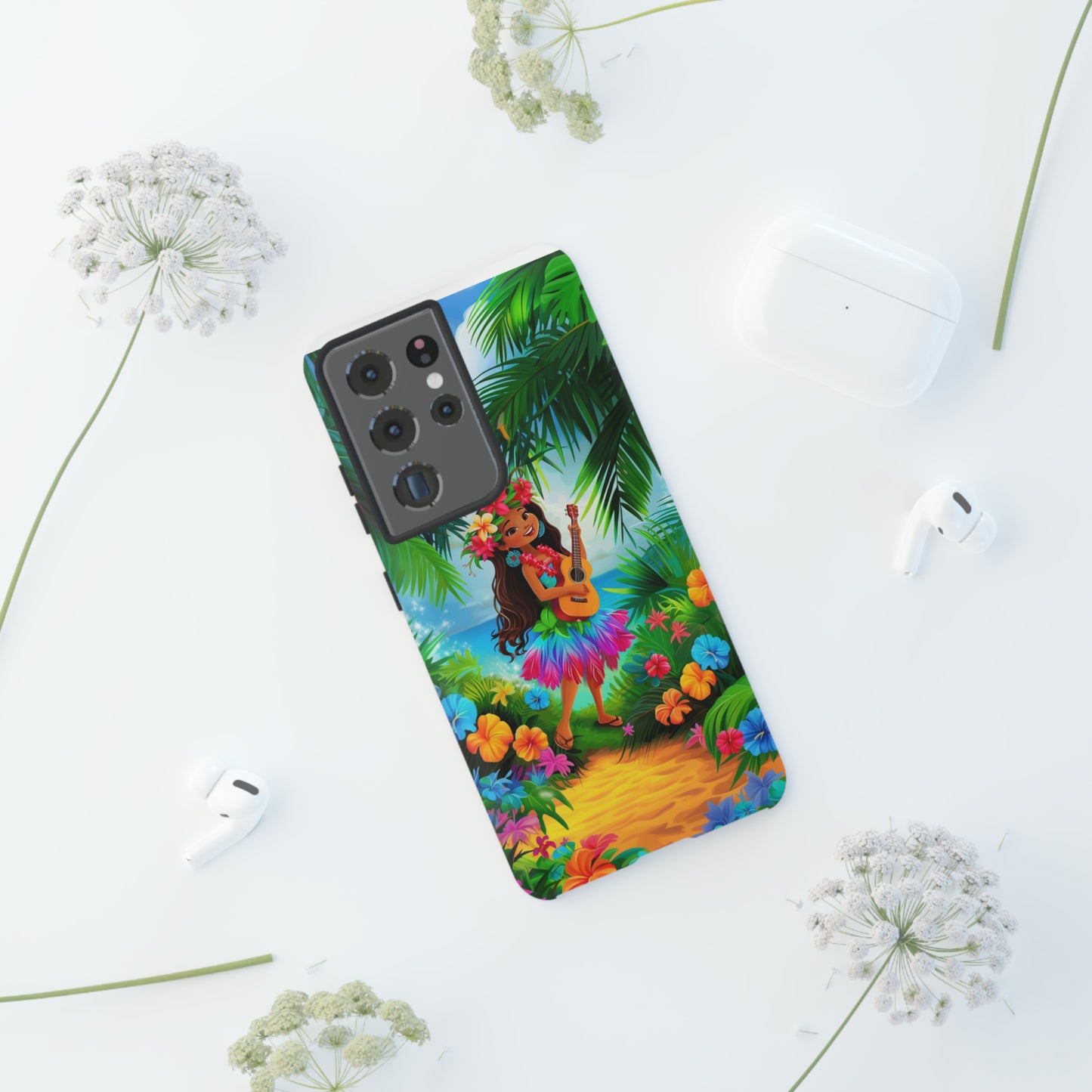 Hula Girl Ukulele Hawaiian Phone Case, Tropical, Hibiscus, Wireless Compatible, Protective Cell Phone Case for iPhone, Samsung, Pixel phones