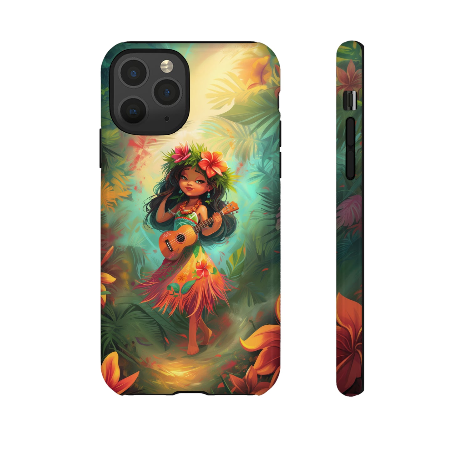 Cute Hula Girl Ukulele Hawaiian Phone Case, Tropical, Hibiscus, Wireless Compatible, Protective Cell Phone Case for iPhone, Samsung, Pixel