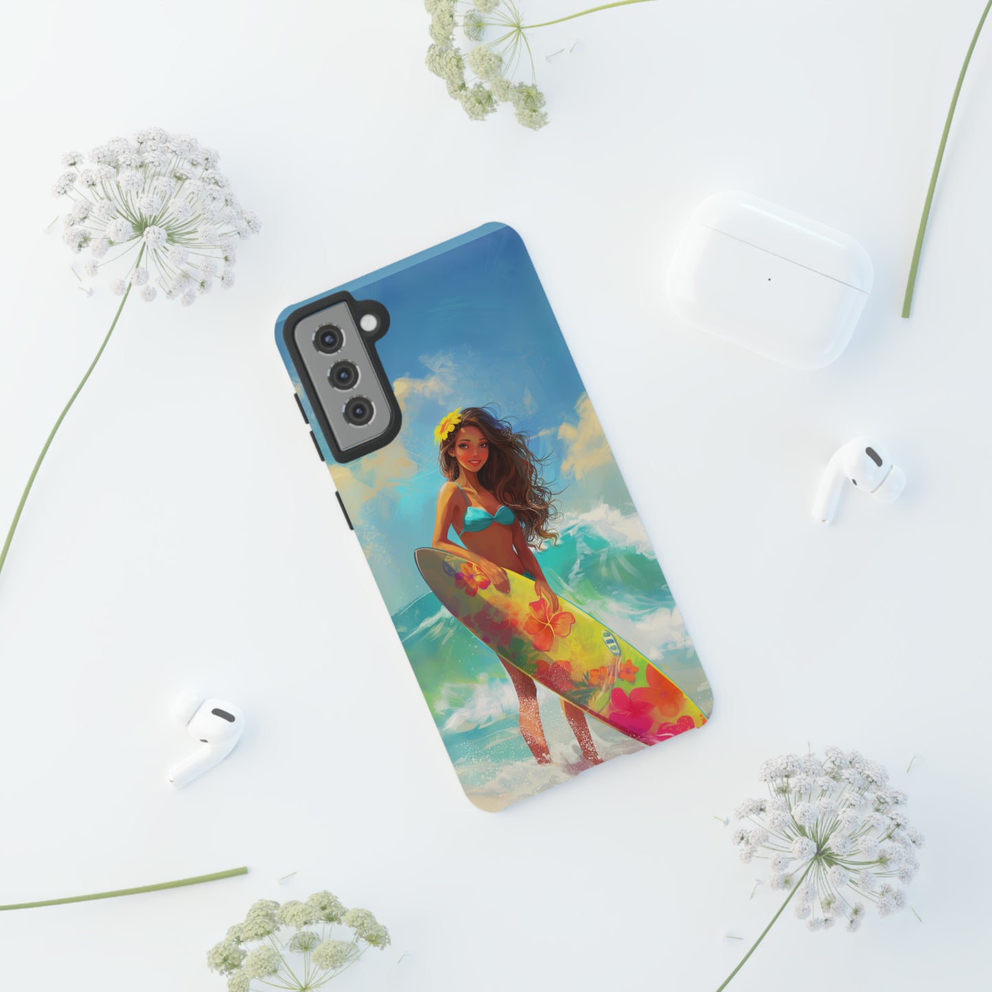 Surfer Girl Hawaiian Phone Case, Tropical, Hibiscus, Wireless Compatible, Protective Cell Phone Case for iPhone, Samsung, Pixel phones