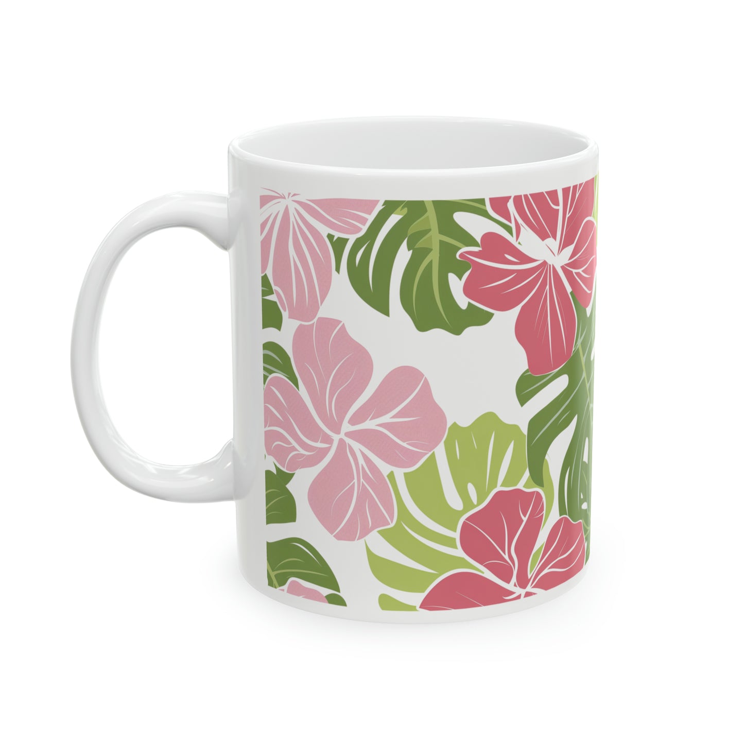 Hibiscus Pink Green Pattern Hawaiian Ceramic Mug 11oz, Hawaii Mug, HI Mug, Aloha Mug, 808 Mug, Island Mug, Tropical Mug, Coffee Mug