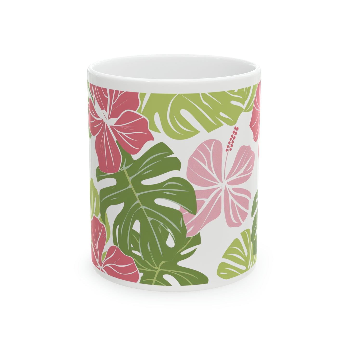 Hibiscus Pink Green Pattern Hawaiian Ceramic Mug 11oz, Hawaii Mug, HI Mug, Aloha Mug, 808 Mug, Island Mug, Tropical Mug, Coffee Mug