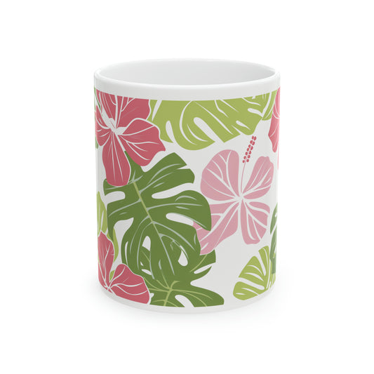 Hibiscus Pink Green Pattern Hawaiian Ceramic Mug 11oz, Hawaii Mug, HI Mug, Aloha Mug, 808 Mug, Island Mug, Tropical Mug, Coffee Mug