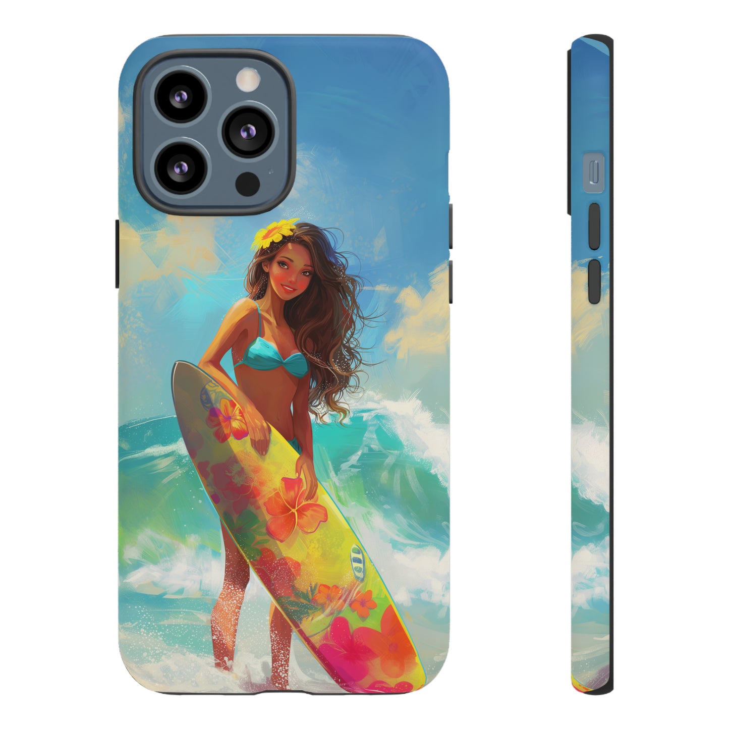 Surfer Girl Hawaiian Phone Case, Tropical, Hibiscus, Wireless Compatible, Protective Cell Phone Case for iPhone, Samsung, Pixel phones
