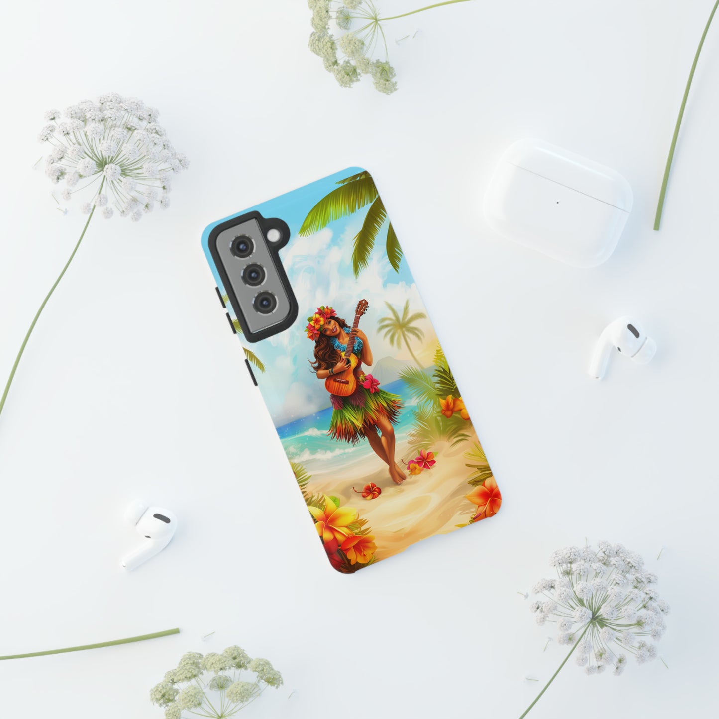 Hula Girl Guitar Hawaiian Phone Case, Tropical, Hibiscus, Wireless Compatible, Protective Cell Phone Case for iPhone, Samsung, Pixel phones