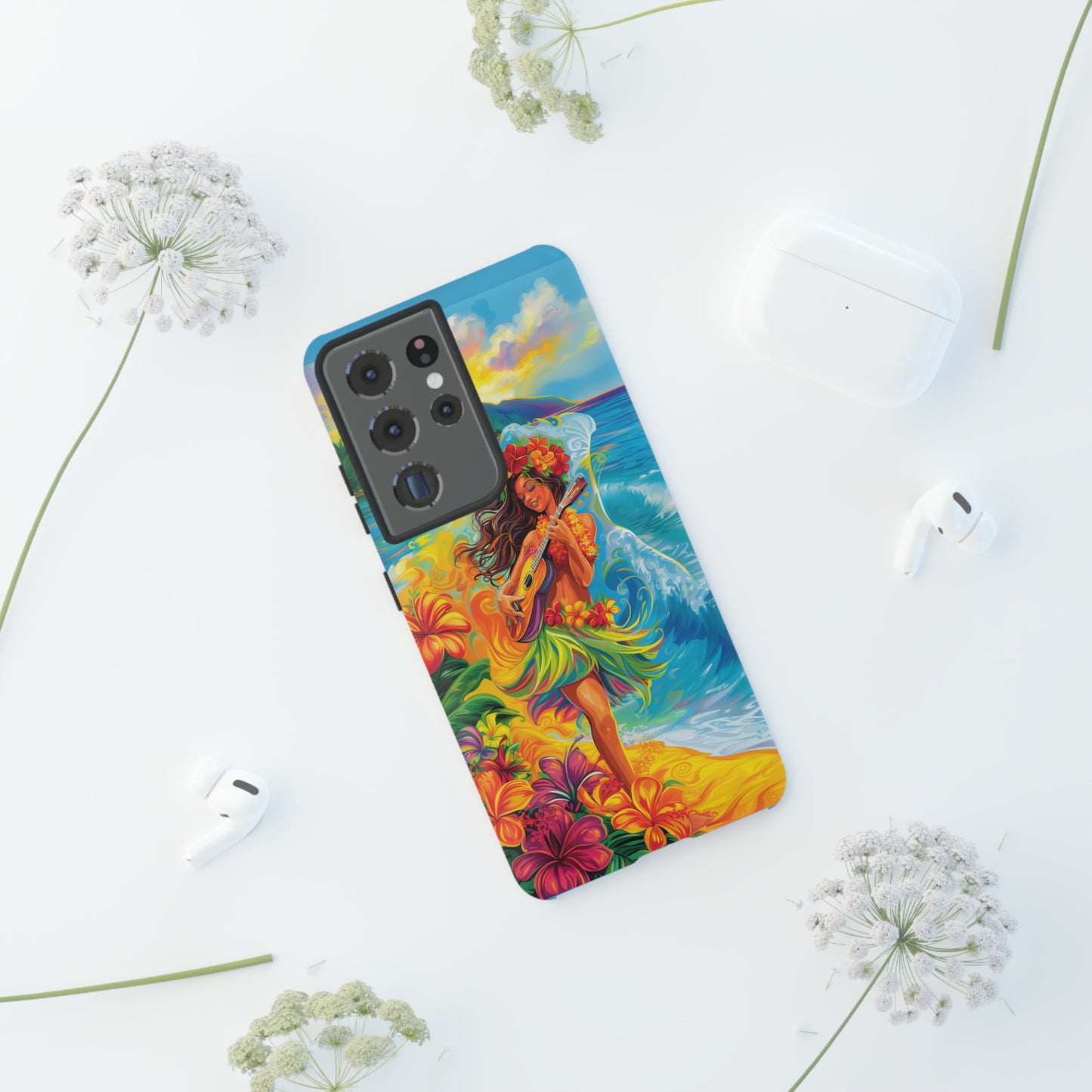 Ukulele Hula Girl Hawaiian Phone Case, Tropical, Hibiscus, Wireless Compatible, Protective Cell Phone Case for iPhone, Samsung, Pixel phones