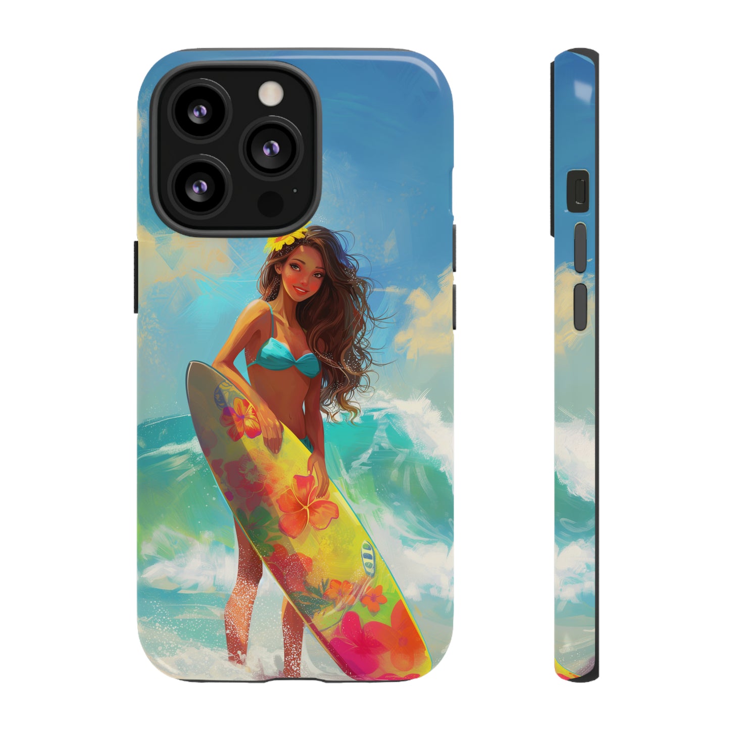 Surfer Girl Hawaiian Phone Case, Tropical, Hibiscus, Wireless Compatible, Protective Cell Phone Case for iPhone, Samsung, Pixel phones