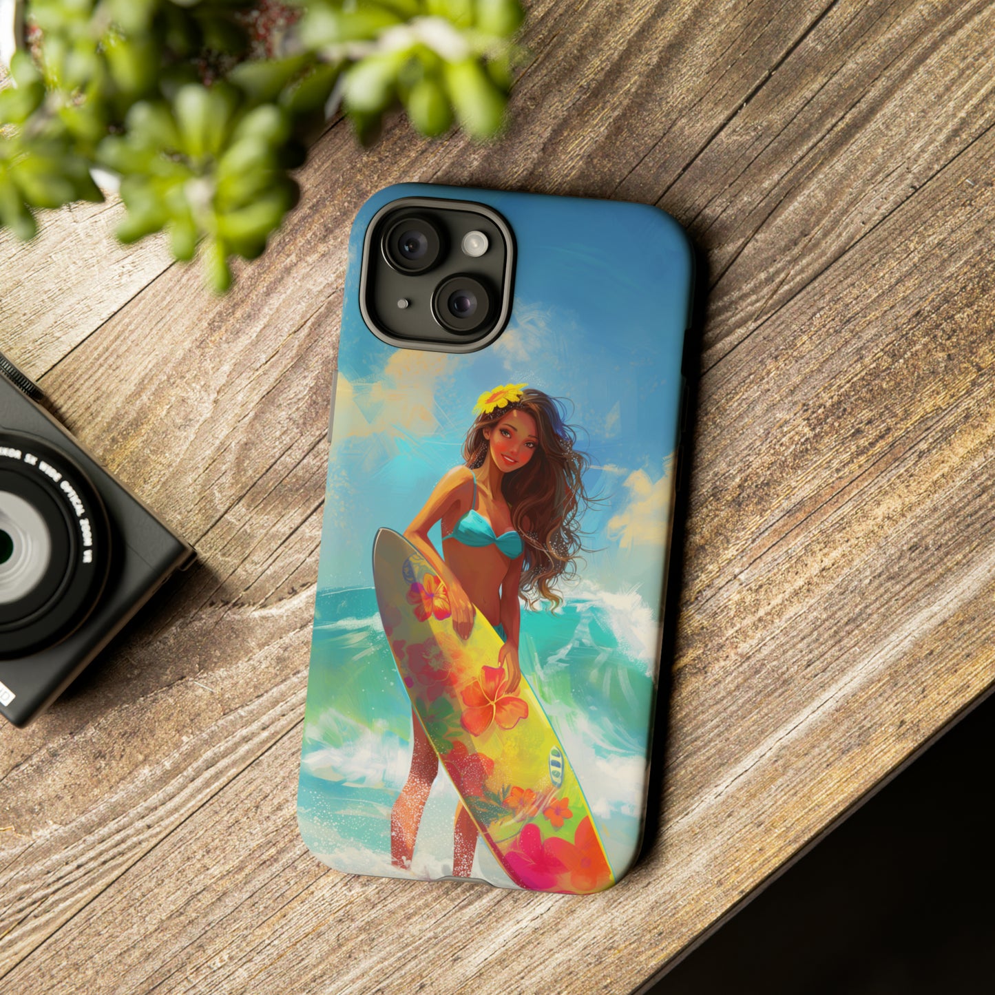 Surfer Girl Hawaiian Phone Case, Tropical, Hibiscus, Wireless Compatible, Protective Cell Phone Case for iPhone, Samsung, Pixel phones