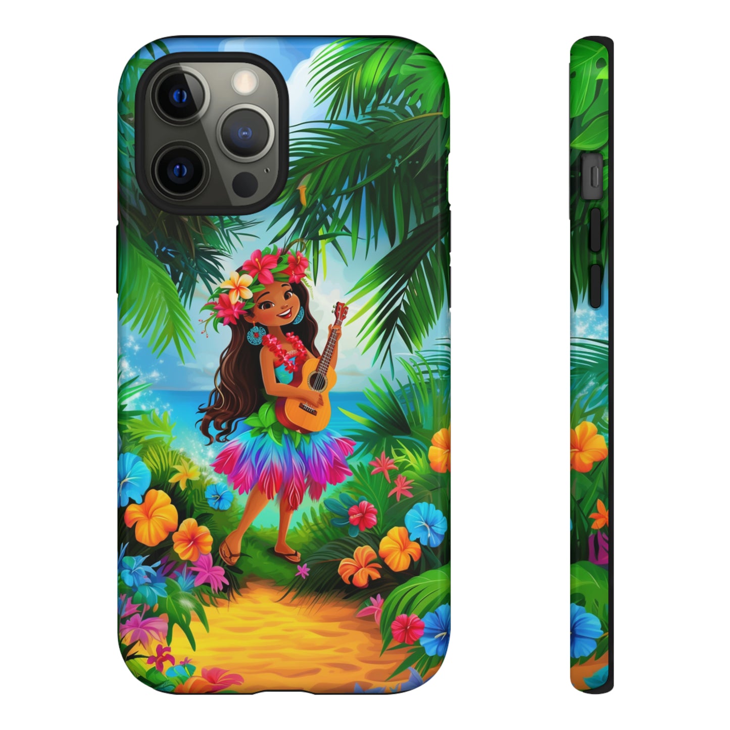 Hula Girl Ukulele Hawaiian Phone Case, Tropical, Hibiscus, Wireless Compatible, Protective Cell Phone Case for iPhone, Samsung, Pixel phones