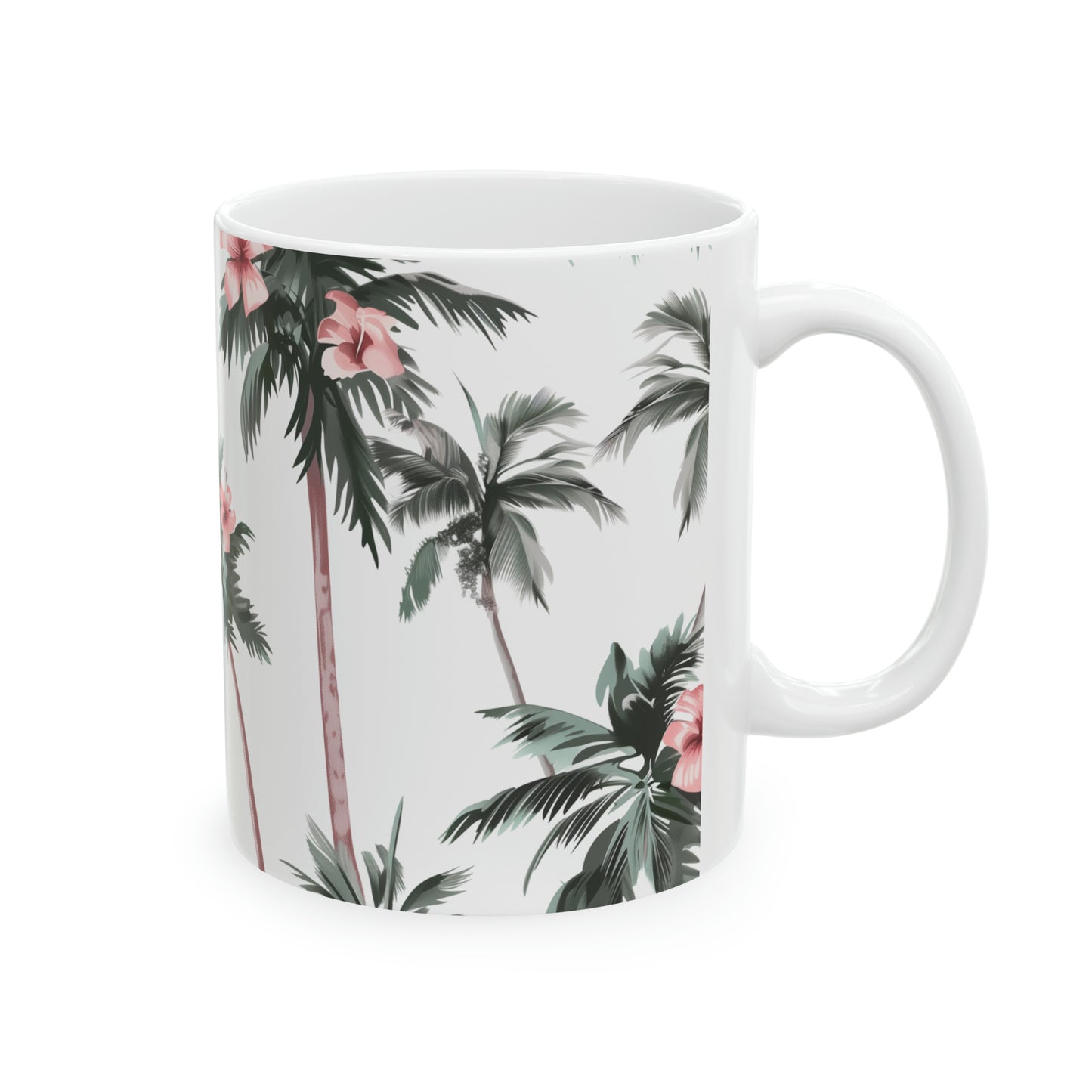Hawaiian Palm Trees, Hibiscus Flowers Ceramic Mug 11oz, Hawaii Coffee Mug, HI, Aloha 808, Island Mug, Tropical Mug