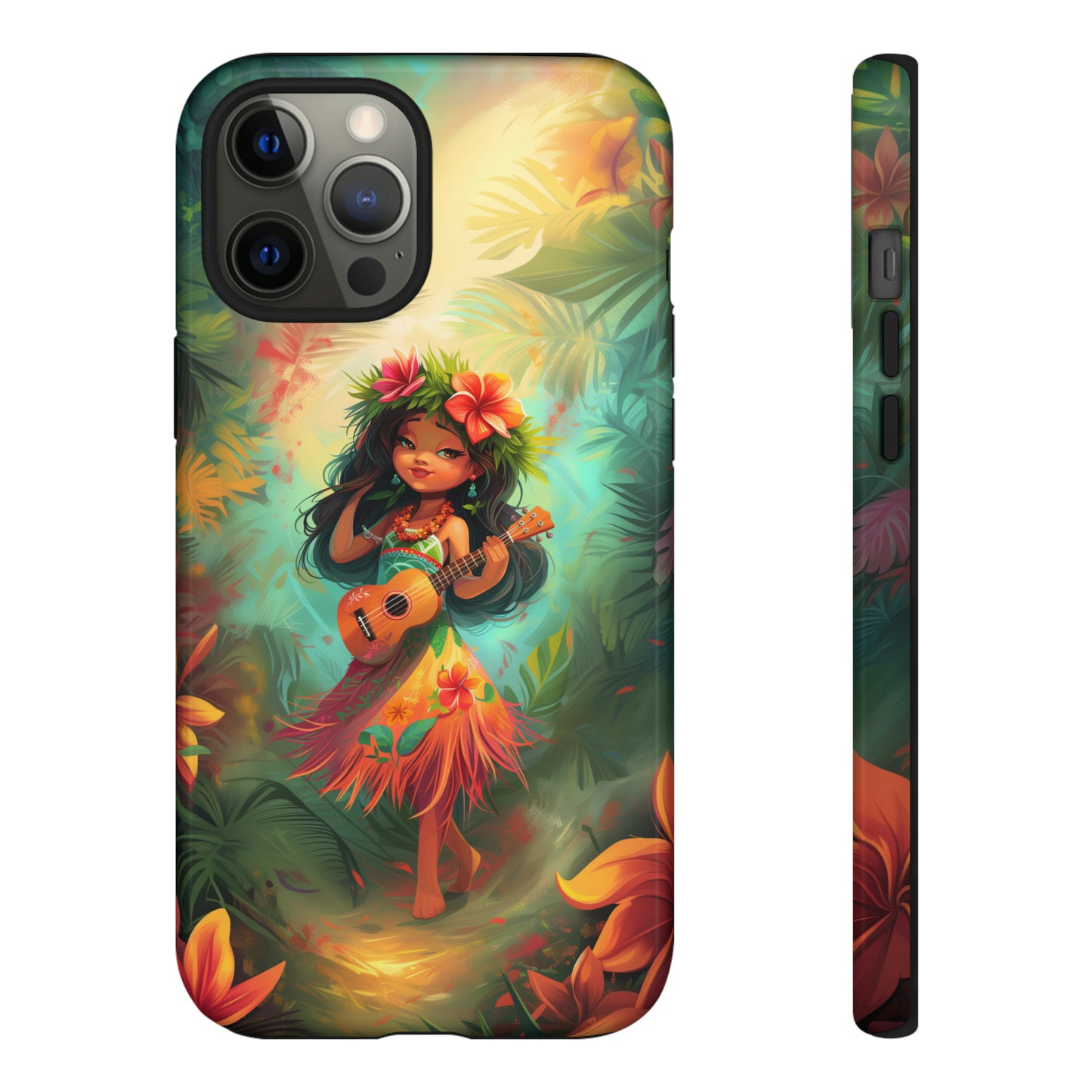 Cute Hula Girl Ukulele Hawaiian Phone Case, Tropical, Hibiscus, Wireless Compatible, Protective Cell Phone Case for iPhone, Samsung, Pixel