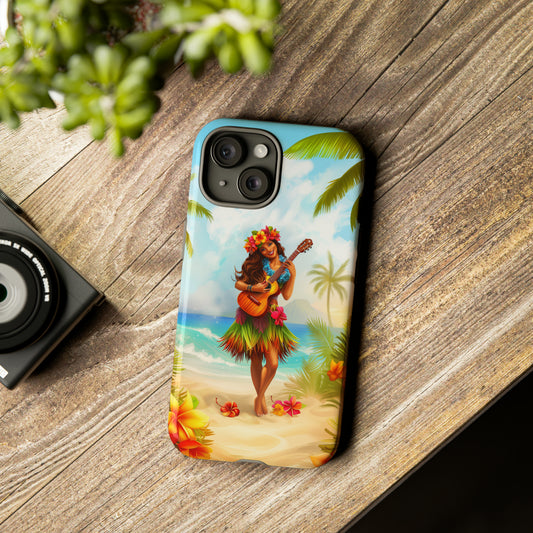 Hula Girl Guitar Hawaiian Phone Case, Tropical, Hibiscus, Wireless Compatible, Protective Cell Phone Case for iPhone, Samsung, Pixel phones