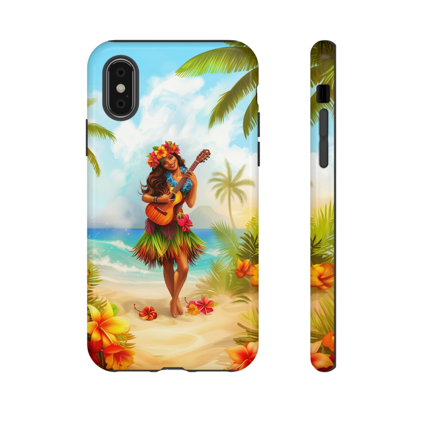 Hula Girl Guitar Hawaiian Phone Case, Tropical, Hibiscus, Wireless Compatible, Protective Cell Phone Case for iPhone, Samsung, Pixel phones