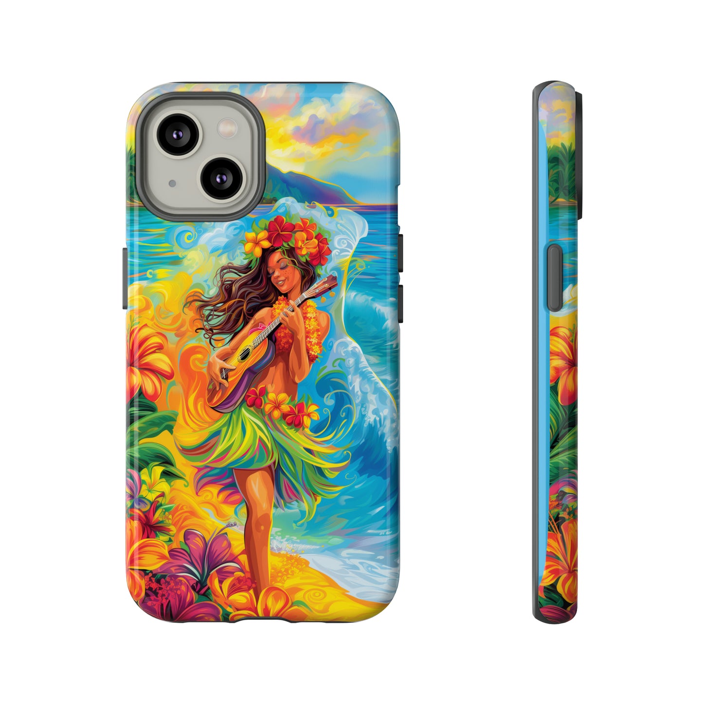 Ukulele Hula Girl Hawaiian Phone Case, Tropical, Hibiscus, Wireless Compatible, Protective Cell Phone Case for iPhone, Samsung, Pixel phones