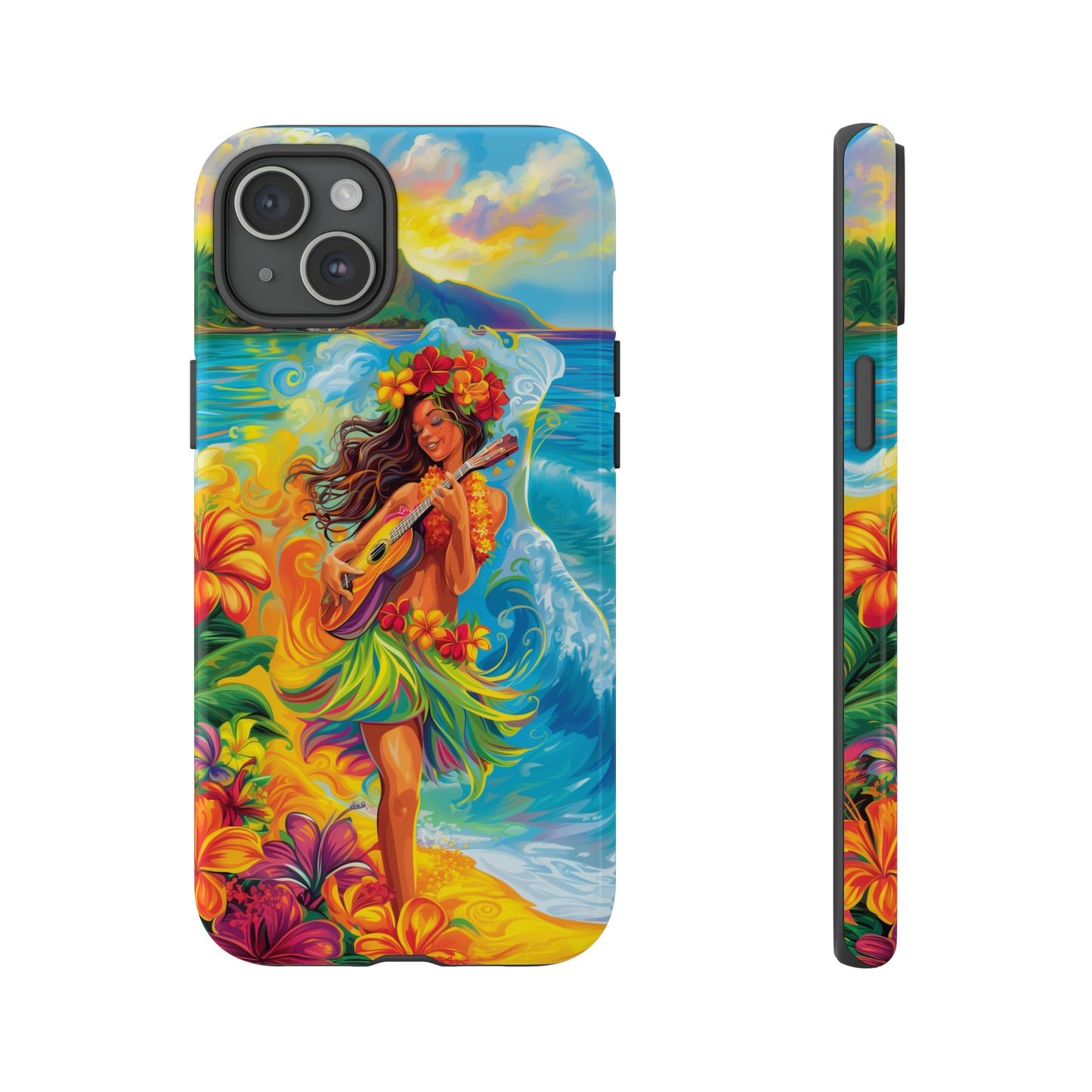 Ukulele Hula Girl Hawaiian Phone Case, Tropical, Hibiscus, Wireless Compatible, Protective Cell Phone Case for iPhone, Samsung, Pixel phones