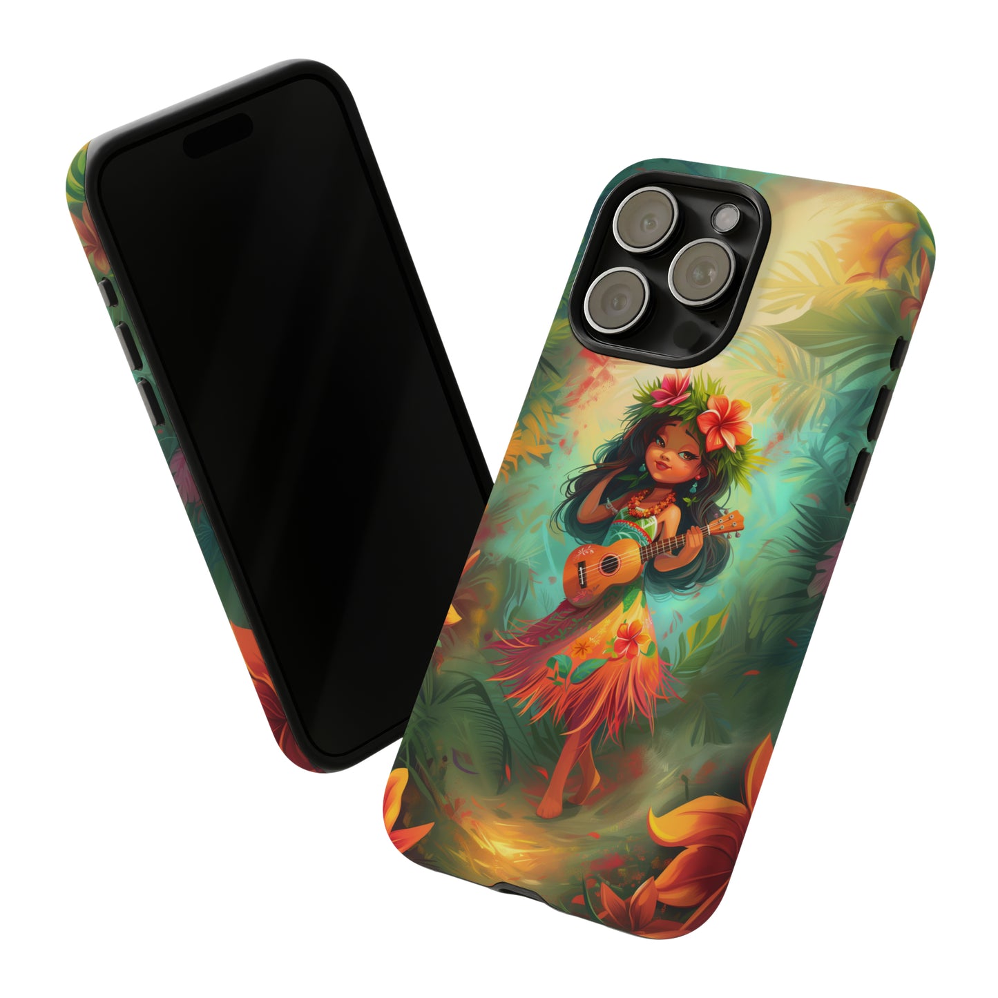 Cute Hula Girl Ukulele Hawaiian Phone Case, Tropical, Hibiscus, Wireless Compatible, Protective Cell Phone Case for iPhone, Samsung, Pixel