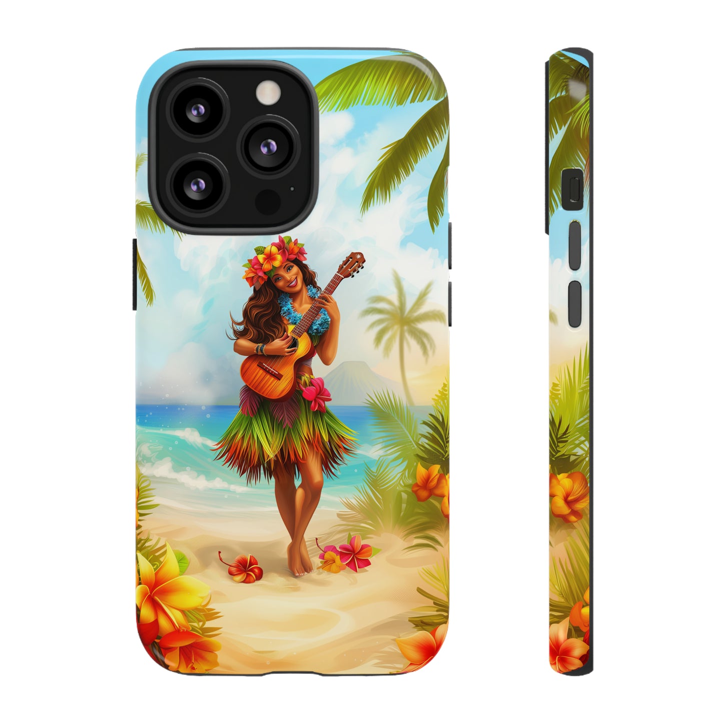 Hula Girl Guitar Hawaiian Phone Case, Tropical, Hibiscus, Wireless Compatible, Protective Cell Phone Case for iPhone, Samsung, Pixel phones