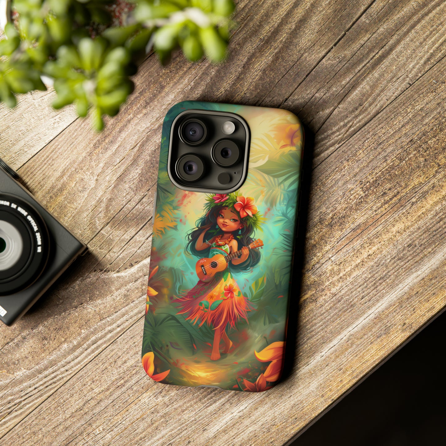 Cute Hula Girl Ukulele Hawaiian Phone Case, Tropical, Hibiscus, Wireless Compatible, Protective Cell Phone Case for iPhone, Samsung, Pixel