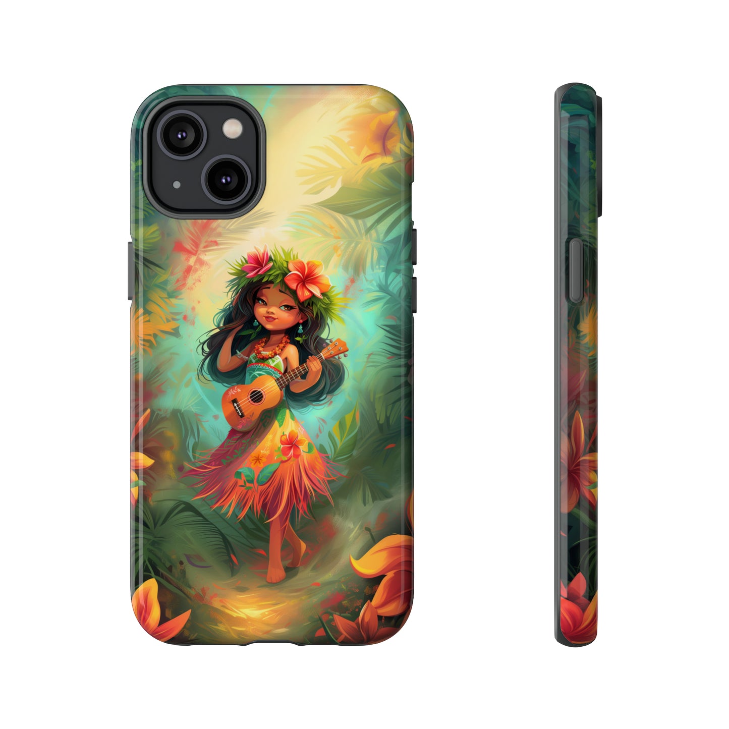 Cute Hula Girl Ukulele Hawaiian Phone Case, Tropical, Hibiscus, Wireless Compatible, Protective Cell Phone Case for iPhone, Samsung, Pixel