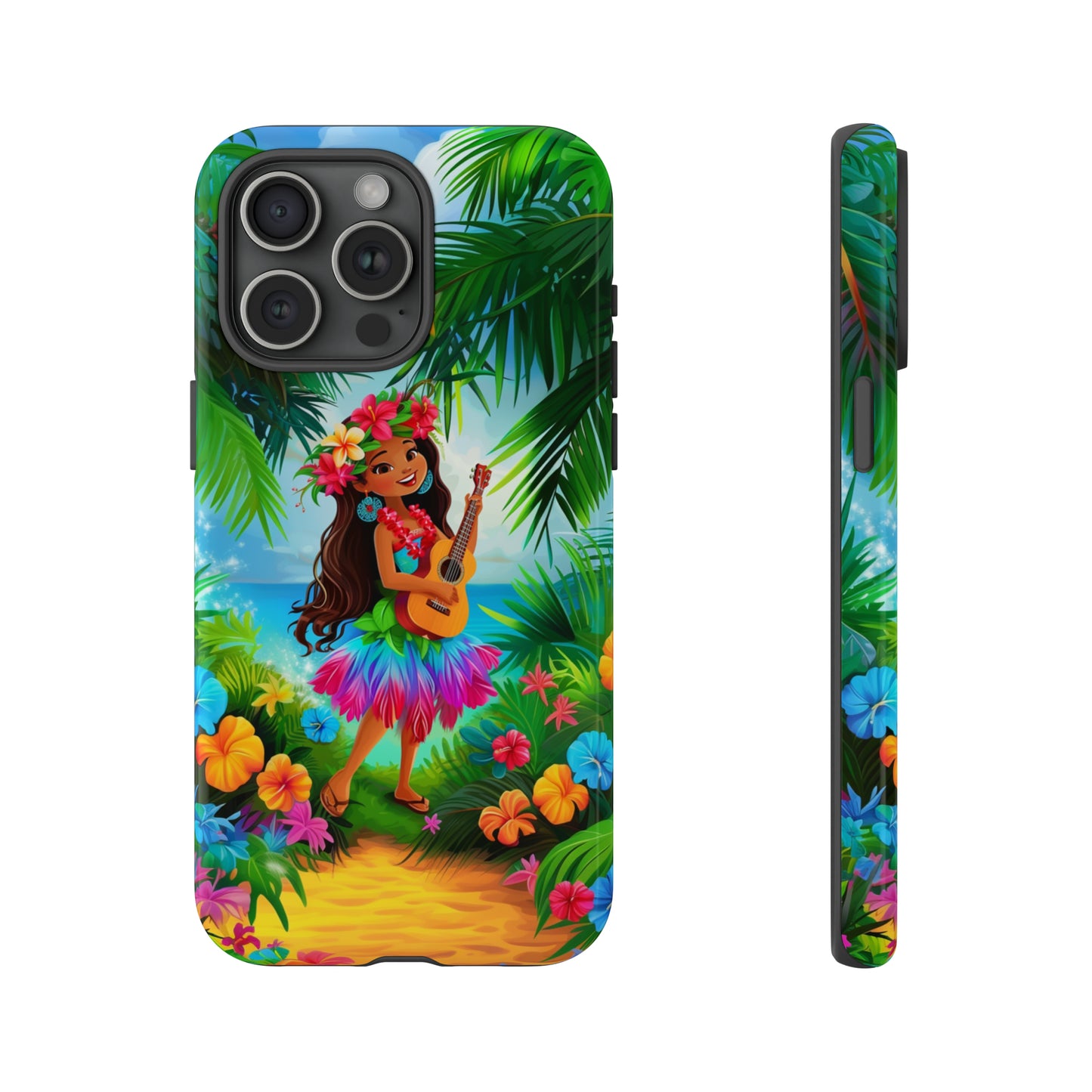Hula Girl Ukulele Hawaiian Phone Case, Tropical, Hibiscus, Wireless Compatible, Protective Cell Phone Case for iPhone, Samsung, Pixel phones